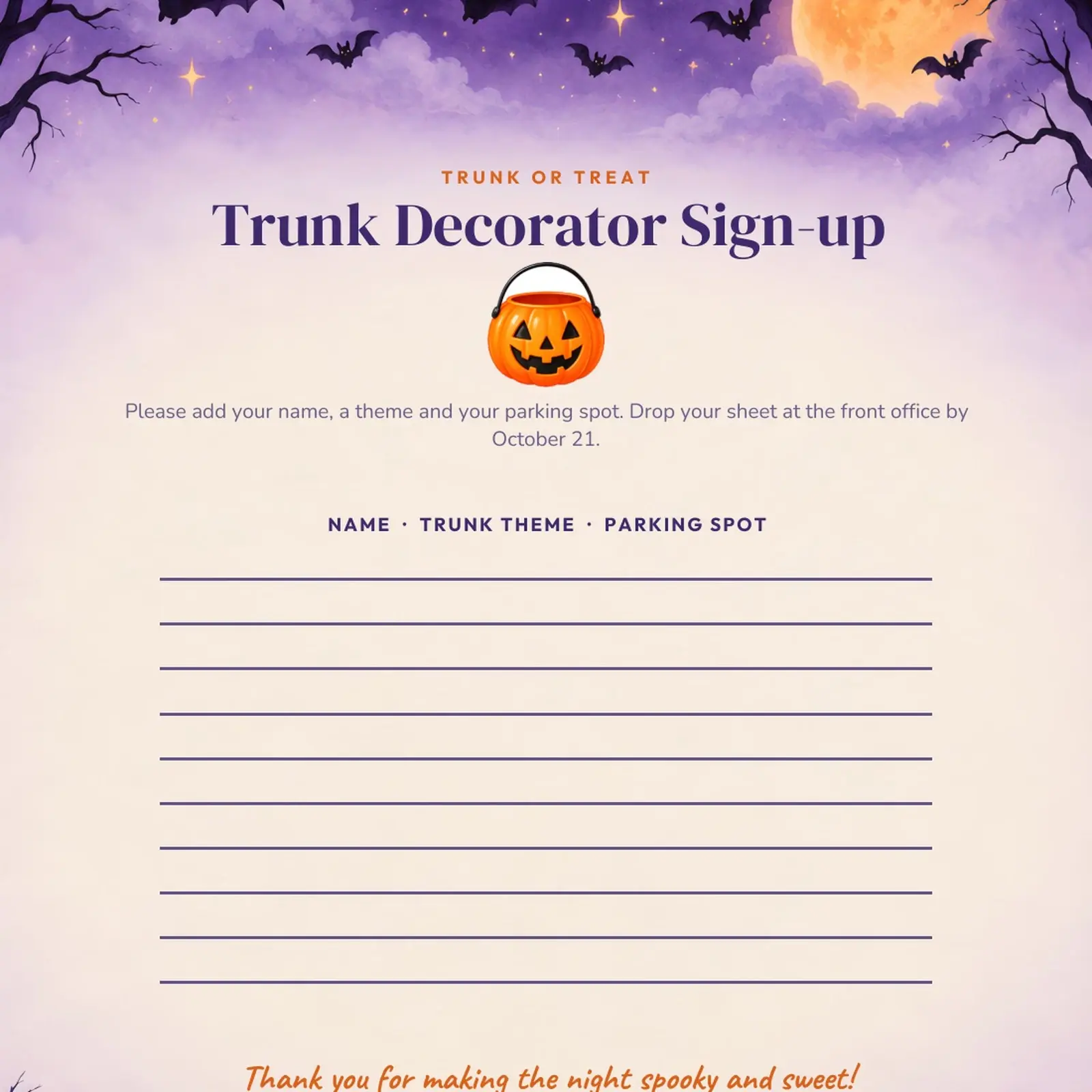 Bat Night Trunk or Treat Flyer Template – Editable Halloween Flyer and Trunk Sign-up Sheet, US Letter and A4, preview 4 of 4