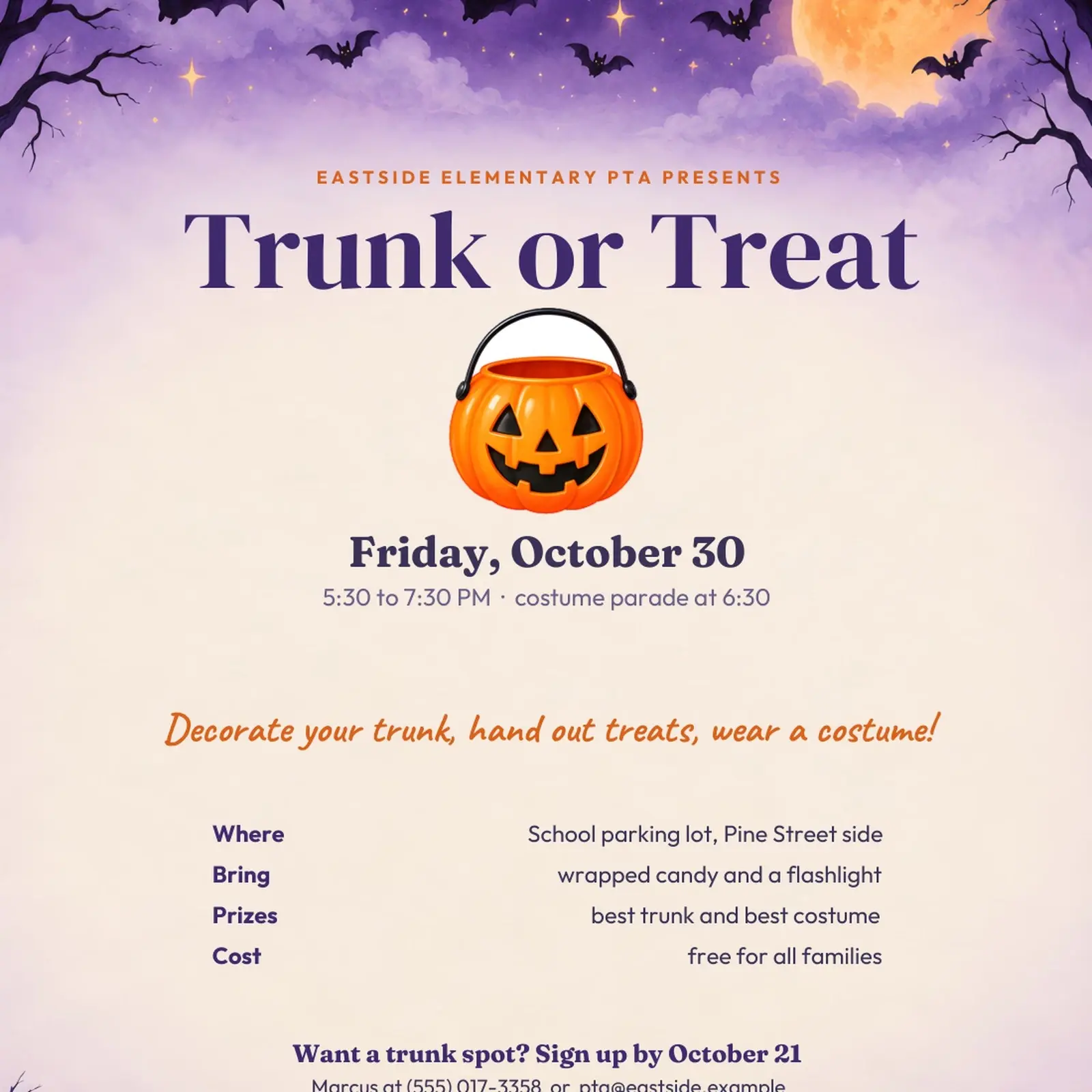 Bat Night Trunk or Treat Flyer Template – Editable Halloween Flyer and Trunk Sign-up Sheet, US Letter and A4, preview 3 of 4