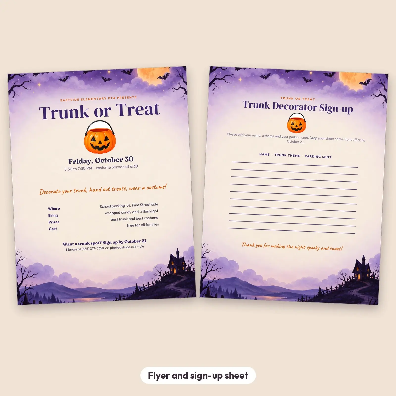 Bat Night Trunk or Treat Flyer Template – Editable Halloween Flyer and Trunk Sign-up Sheet, US Letter and A4, preview 2 of 4