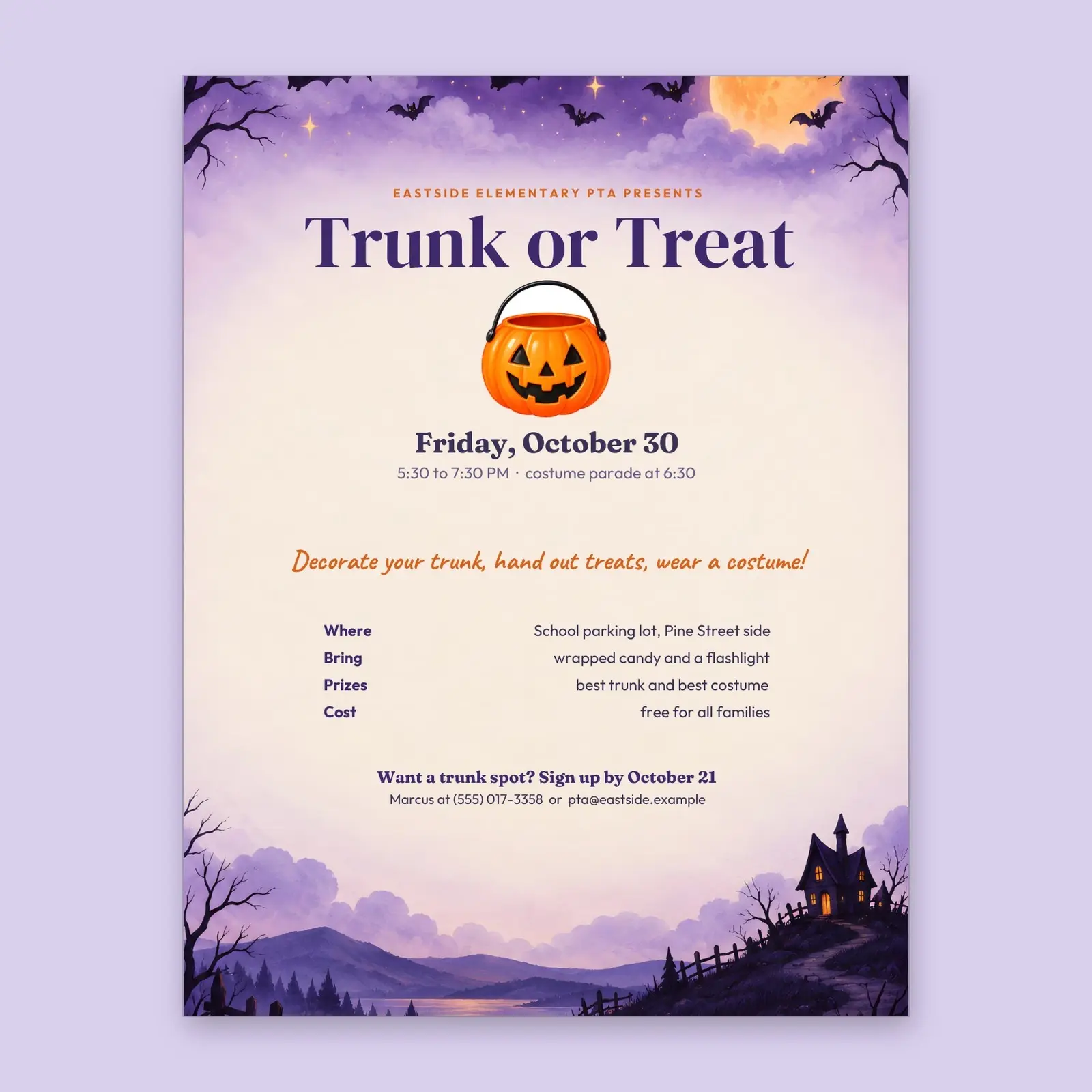 Bat Night Trunk or Treat Flyer Template – Editable Halloween Flyer and Trunk Sign-up Sheet, US Letter and A4 preview