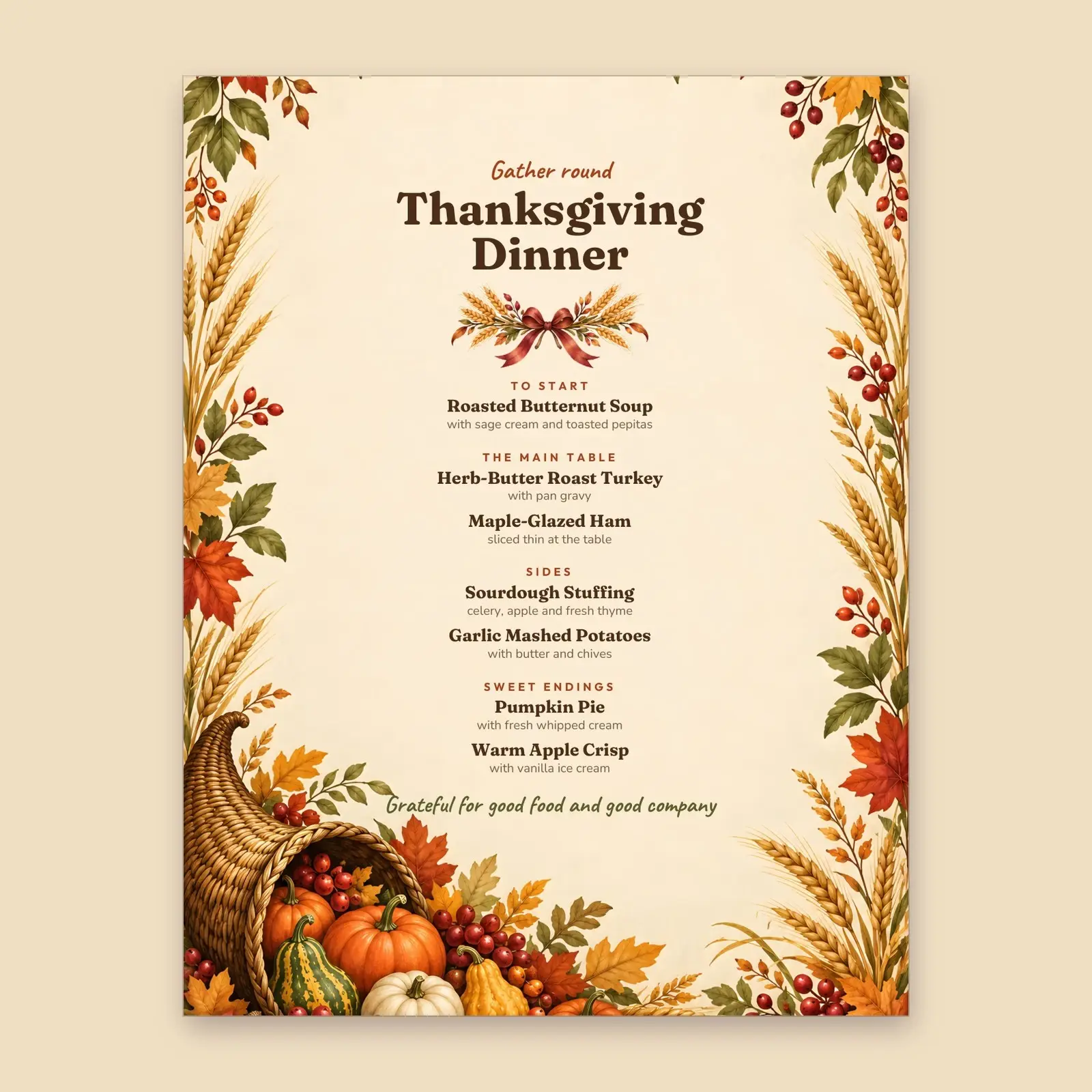 Thanksgiving Dinner Menu Template – Editable Harvest Menu and Thankful Table Card, Word and PowerPoint, Letter and A4 preview