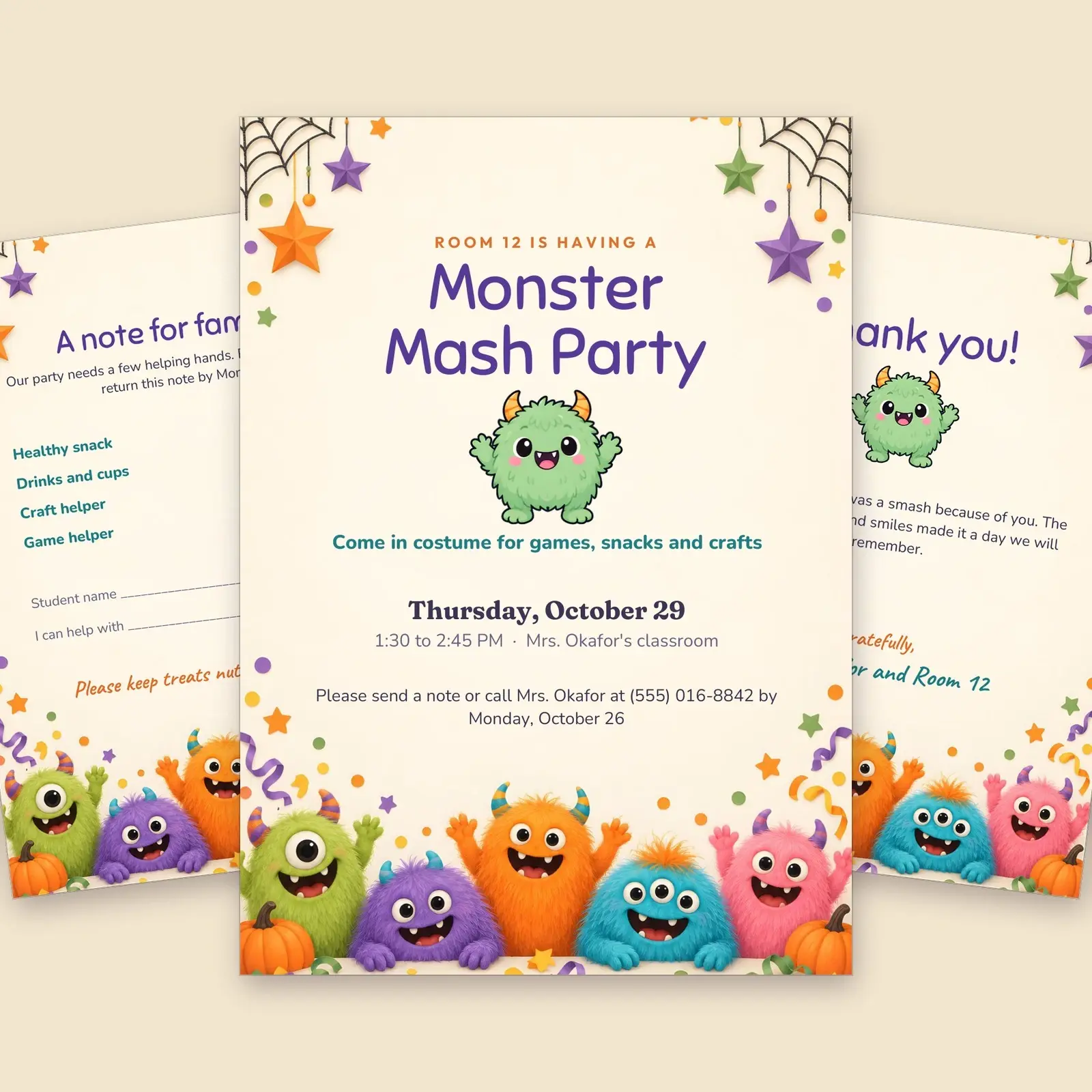 Monster Class Party Invitation Template – Editable 5x7 Invite, Family Note and Thank-You Card (Word, PowerPoint) preview