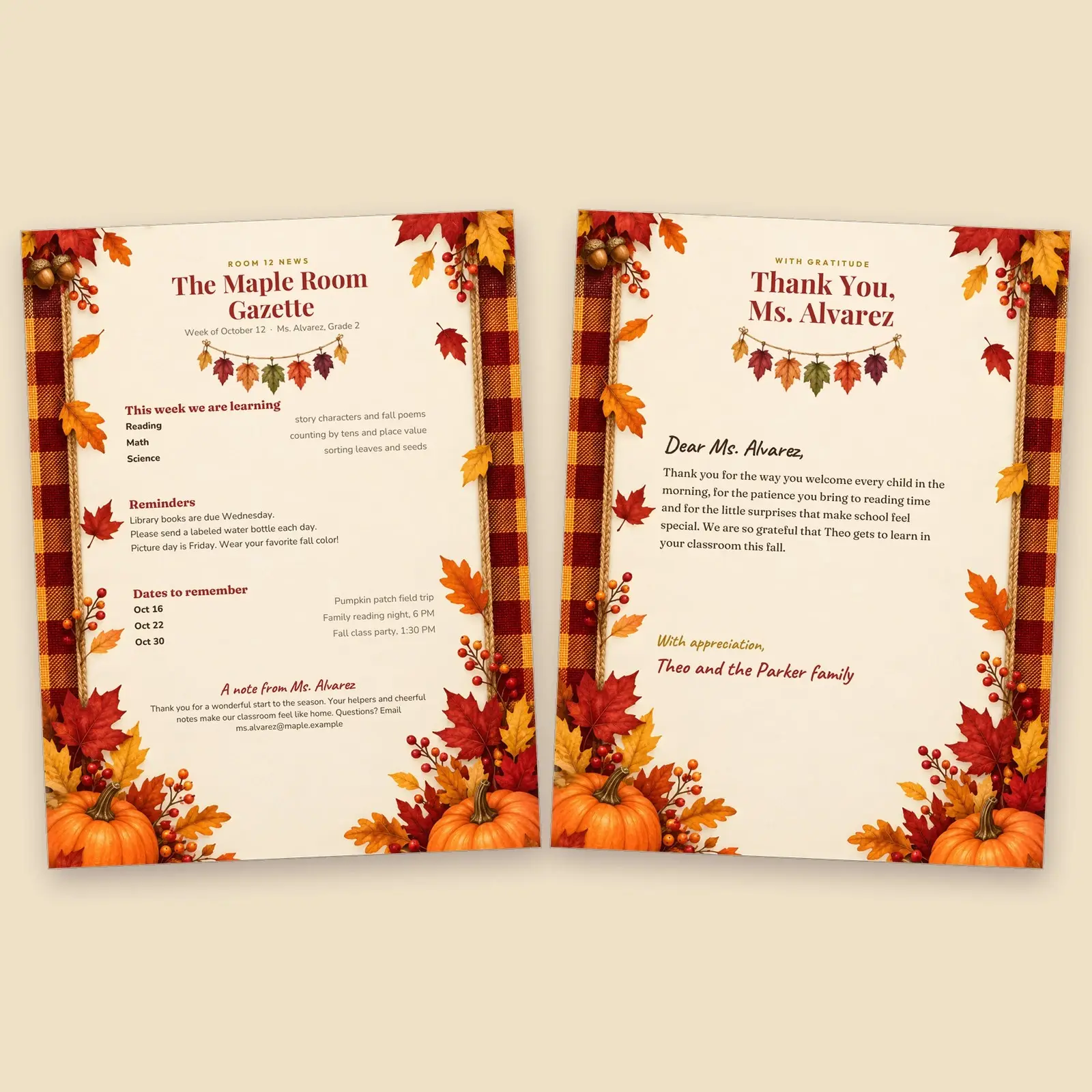 Autumn Class Newsletter and Teacher Thank-You Note Template – Editable Plaid Fall Classroom Pages, US Letter and A4 preview