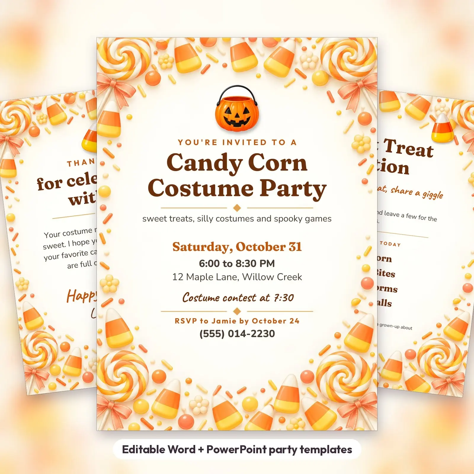 Candy Corn Halloween Party Invitation, Thank-You Card and Candy Sign – Editable Templates preview