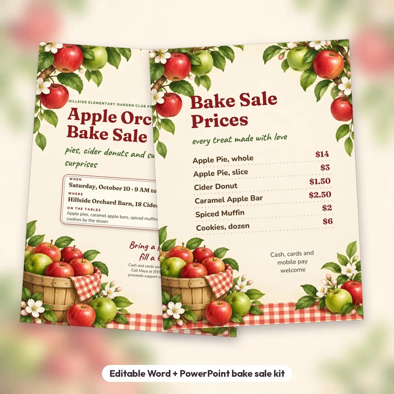 Apple Orchard Bake Sale Flyer and Price Board Templates – Editable, US Letter and A4 preview