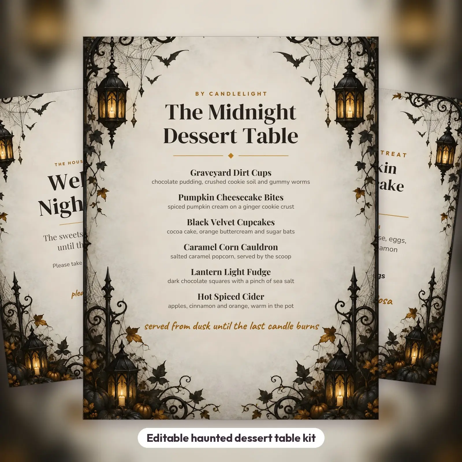Gothic Lantern Haunted Dessert Table Menu, Welcome Sign and Food Labels – Editable Templates preview