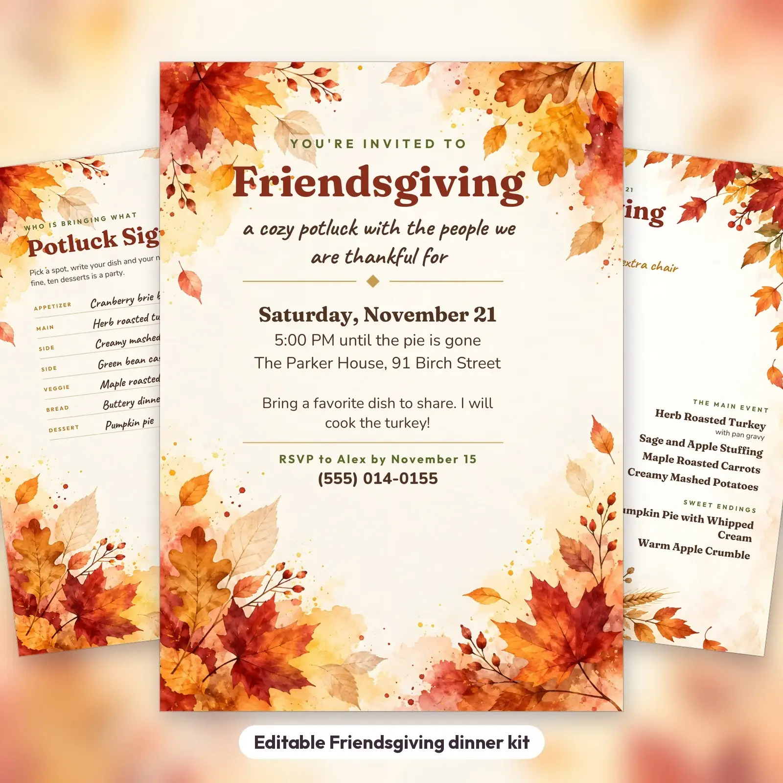 Watercolor Friendsgiving Invitation, Feast Menu and Potluck Sign-Up Sheet – Editable Templates, preview 1 of 4
