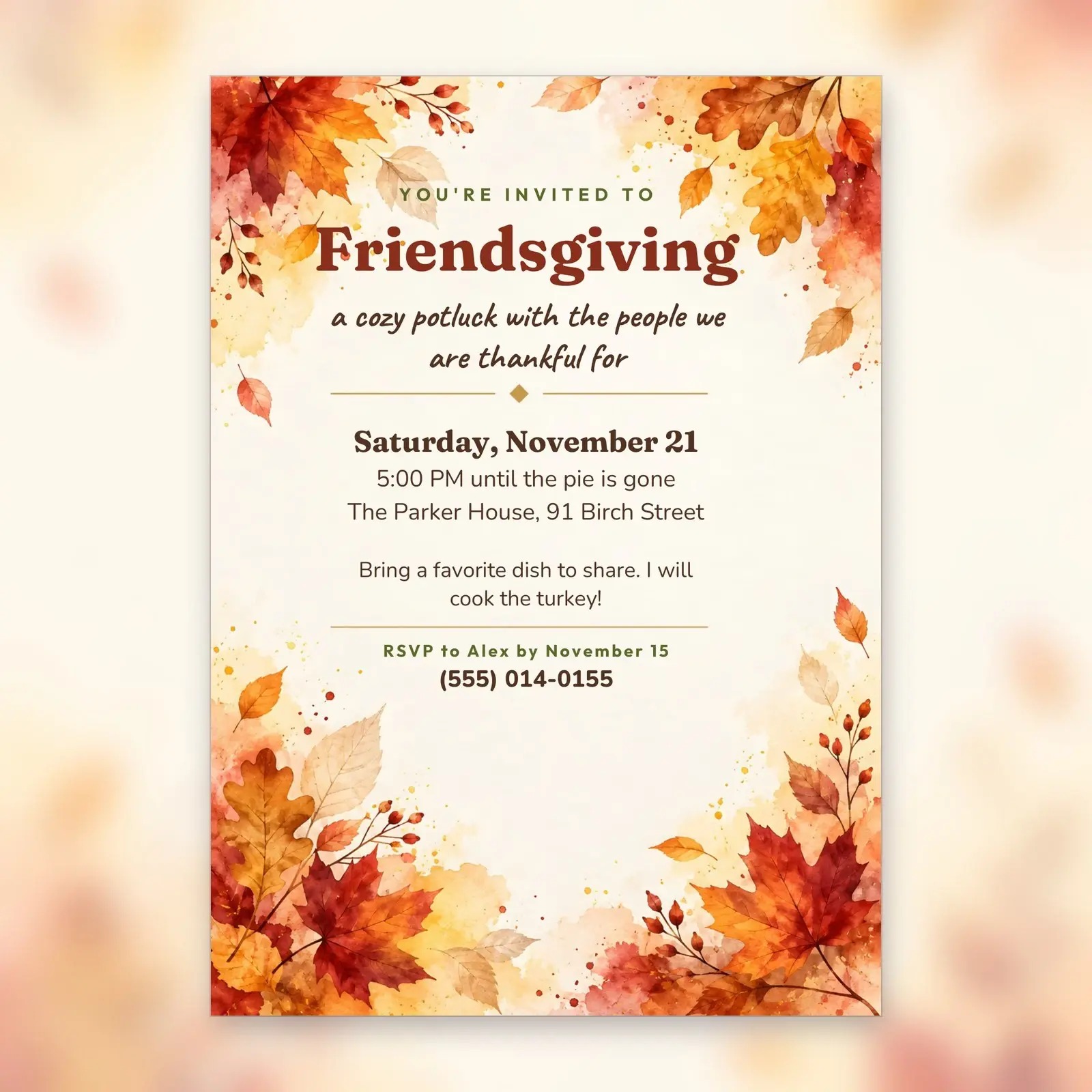 Watercolor Friendsgiving Invitation, Feast Menu and Potluck Sign-Up Sheet – Editable Templates, preview 2 of 4