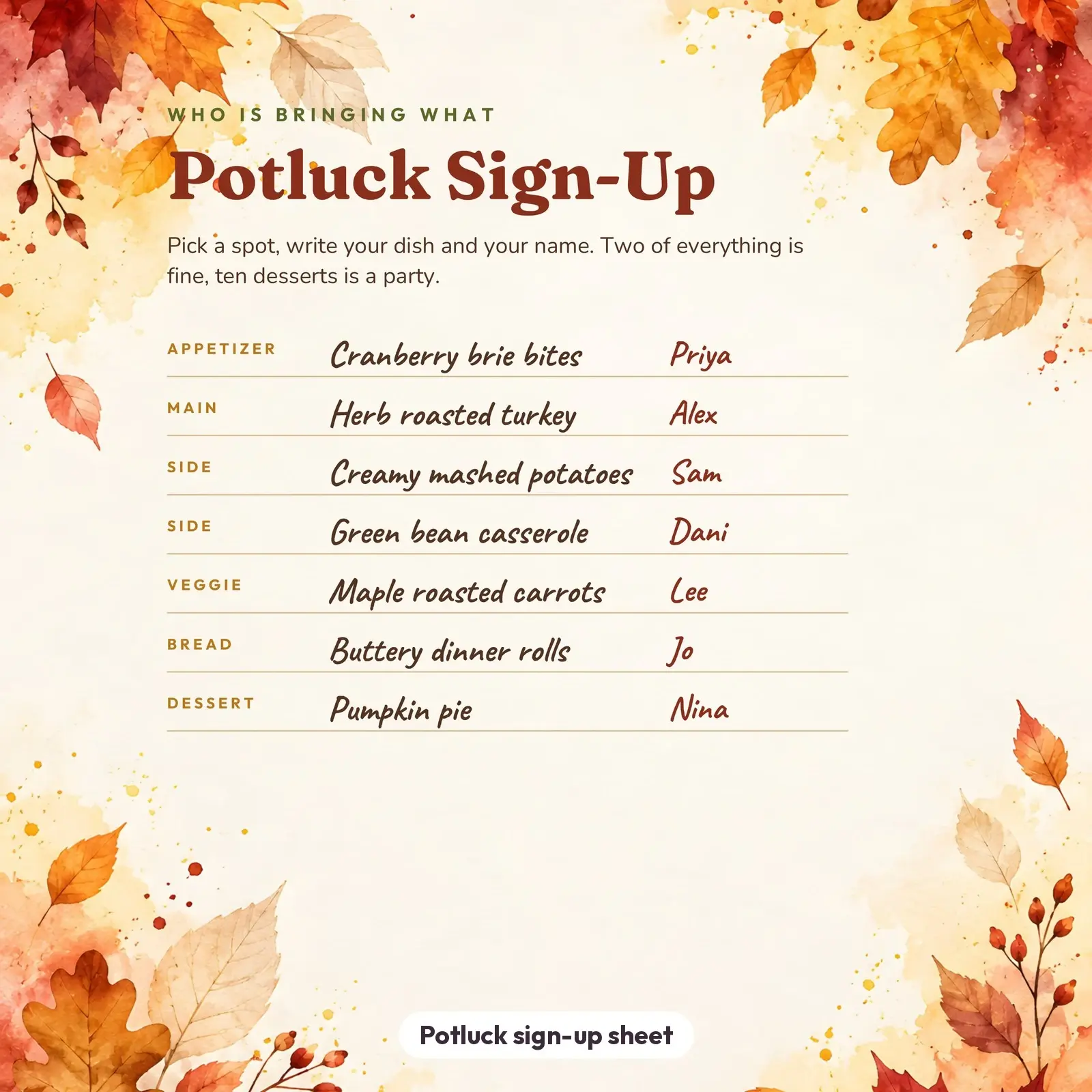 Watercolor Friendsgiving Invitation, Feast Menu and Potluck Sign-Up Sheet – Editable Templates, preview 4 of 4