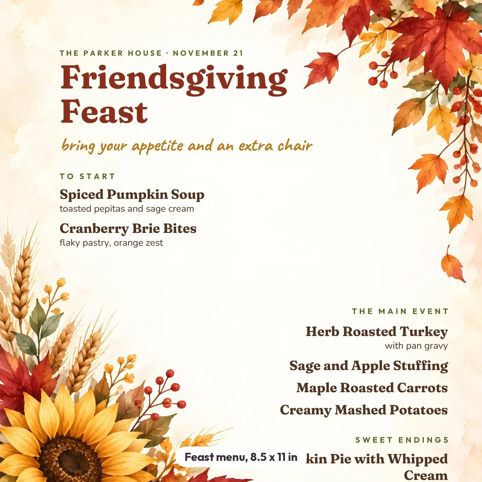Watercolor Friendsgiving Invitation, Feast Menu and Potluck Sign-Up Sheet – Editable Templates, preview 3 of 4