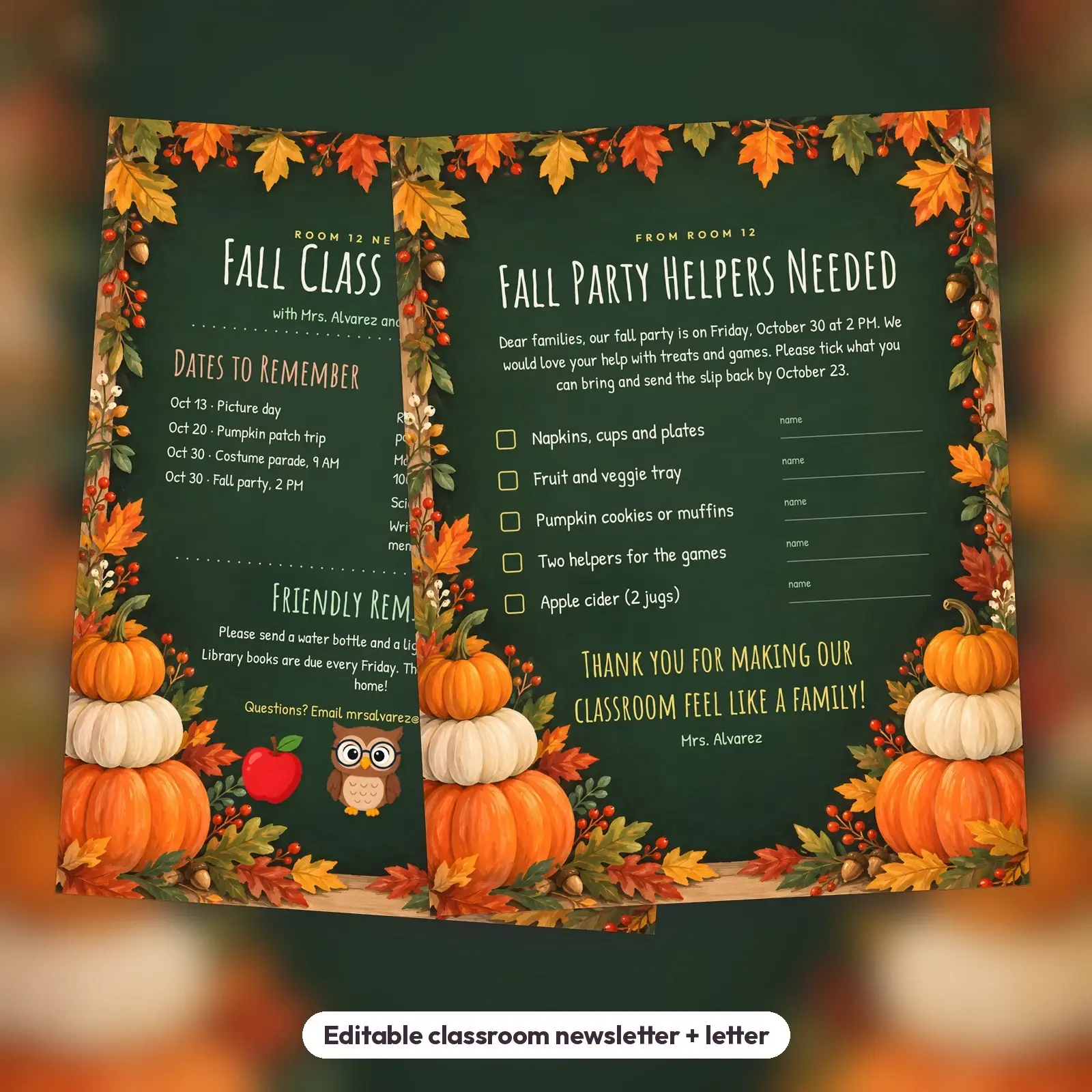Chalkboard Fall Classroom Newsletter and Party Volunteer Letter – Editable Templates, Letter and A4 preview