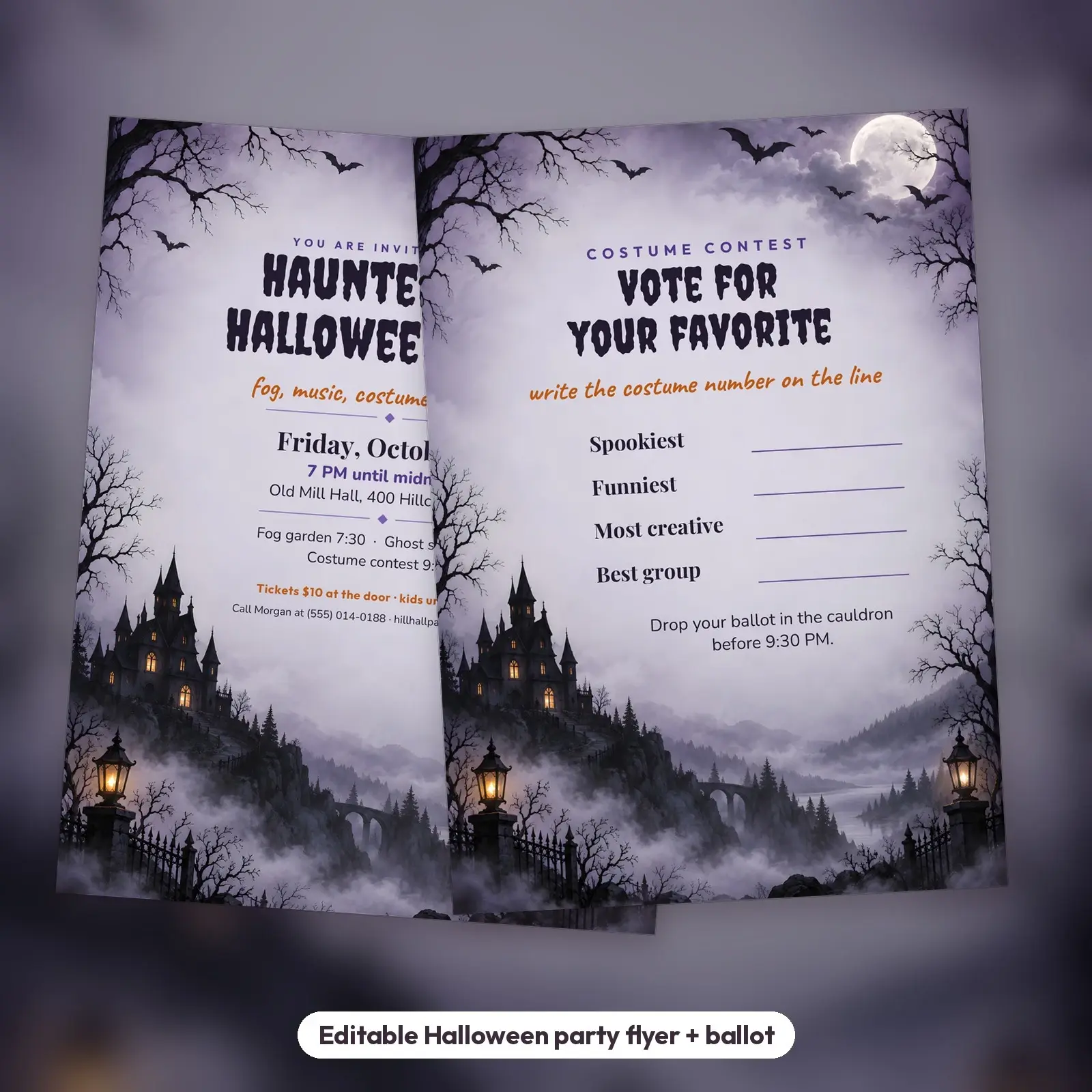 Haunted Hill Halloween Party Flyer and Costume Contest Ballot – Editable Word and PowerPoint Templates preview