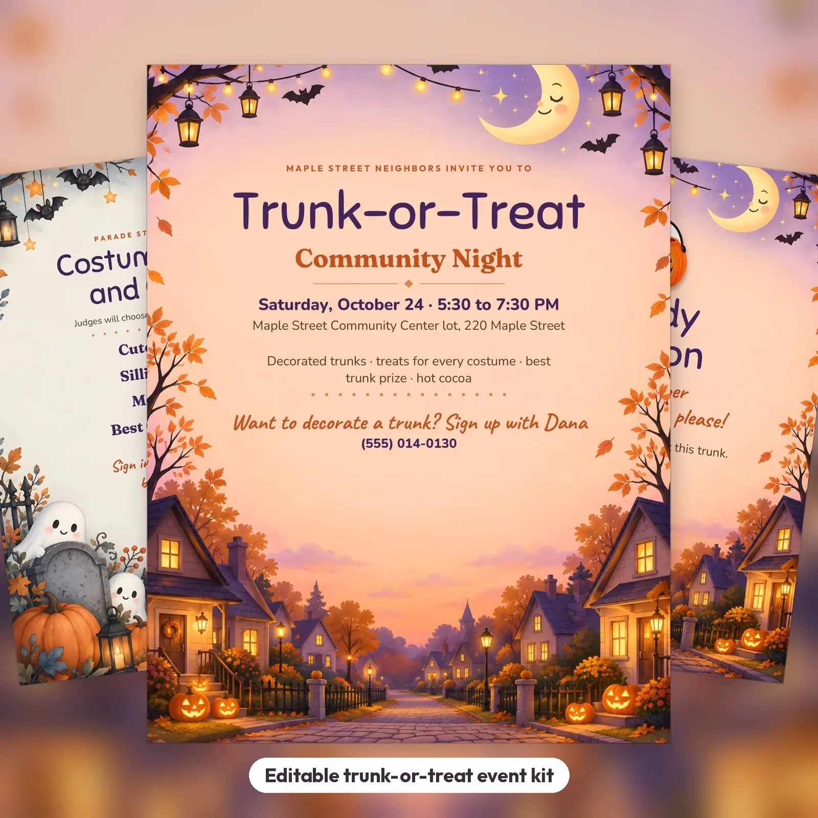 Trunk-or-Treat Event Flyer, Costume Contest Sign and Candy Station Sign – Editable Templates preview