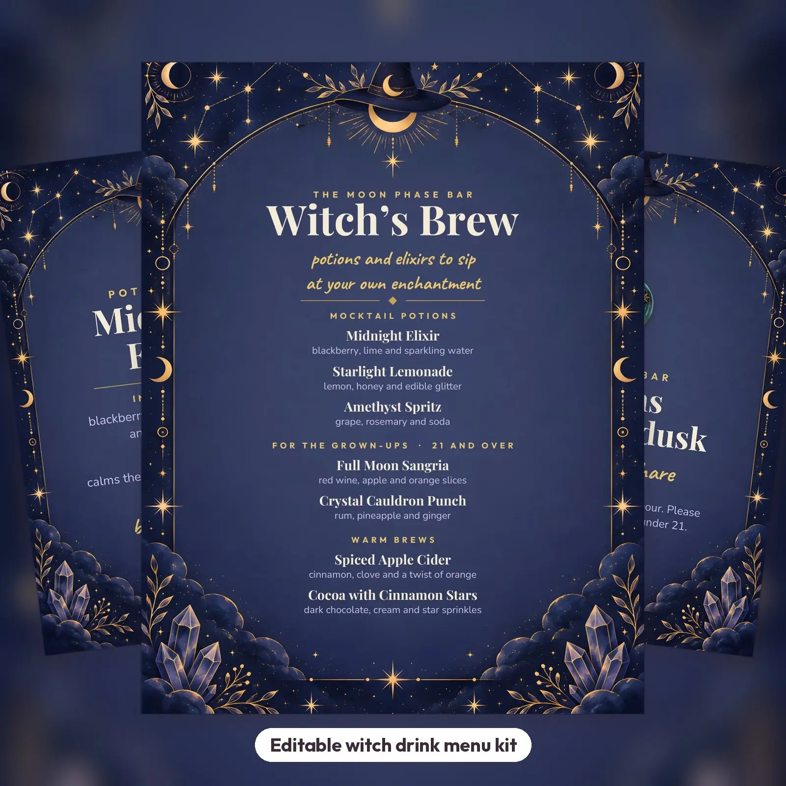 Witch’s Brew Drink Menu, Bar Sign and Potion Cards – Celestial Editable Templates, preview 1 of 4
