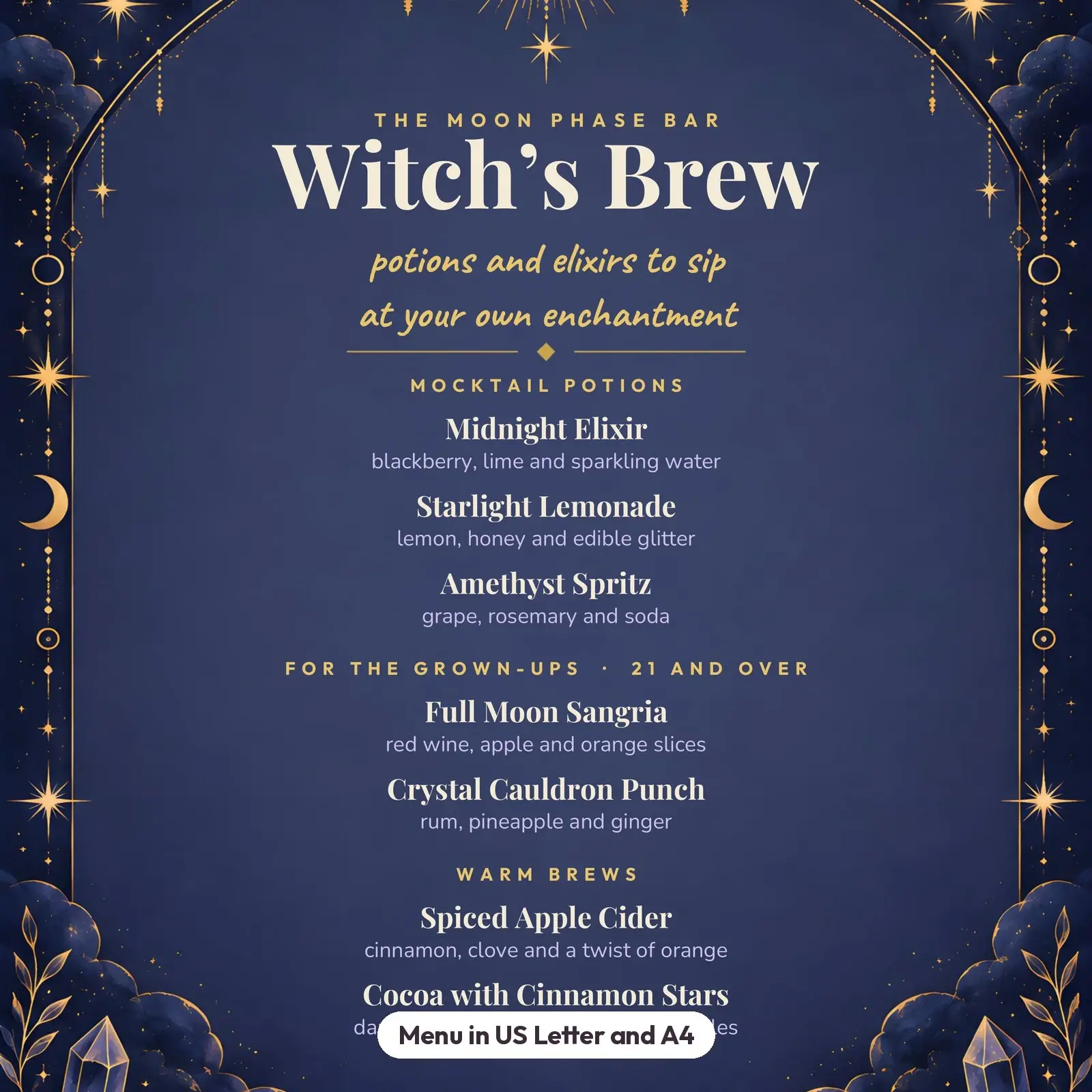Witch’s Brew Drink Menu, Bar Sign and Potion Cards – Celestial Editable Templates, preview 3 of 4