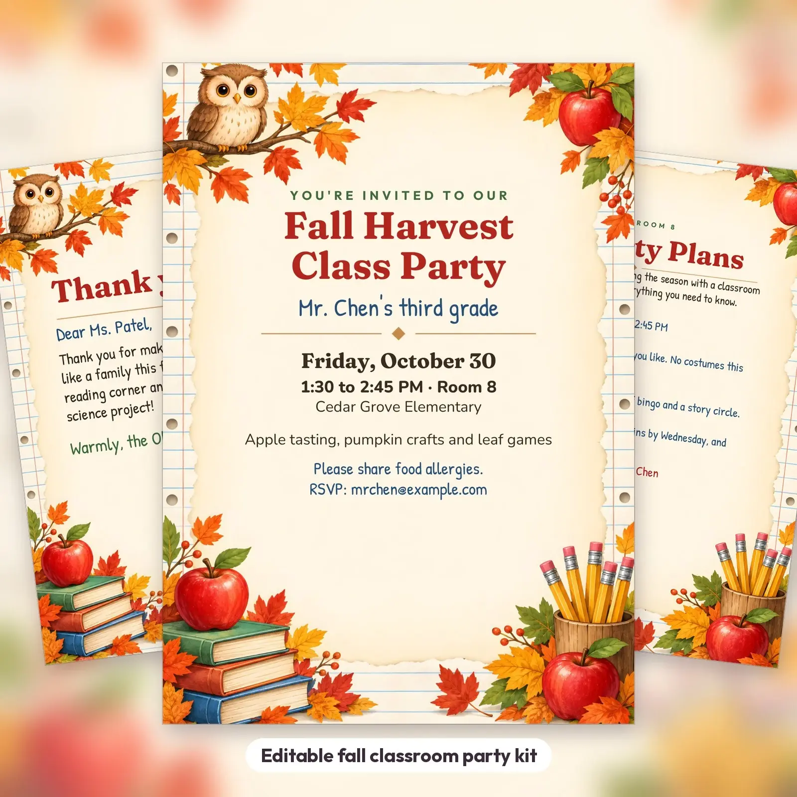 Fall Classroom Party Invitation, Parent Letter and Teacher Thank-You Note – Editable Templates preview