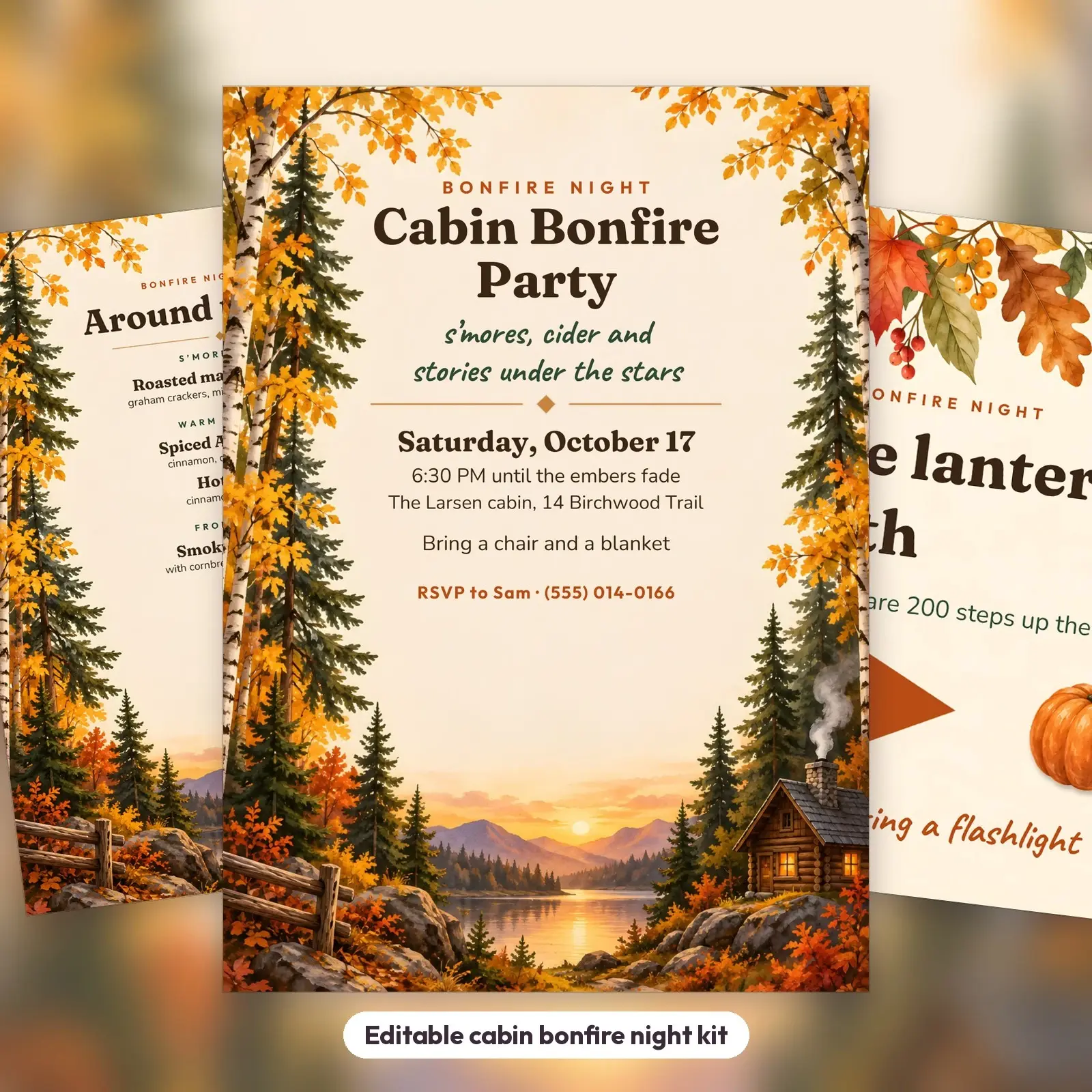 Cabin Bonfire Night Invitation, Snack Menu and Trail Sign – Cozy Autumn Editable Templates preview