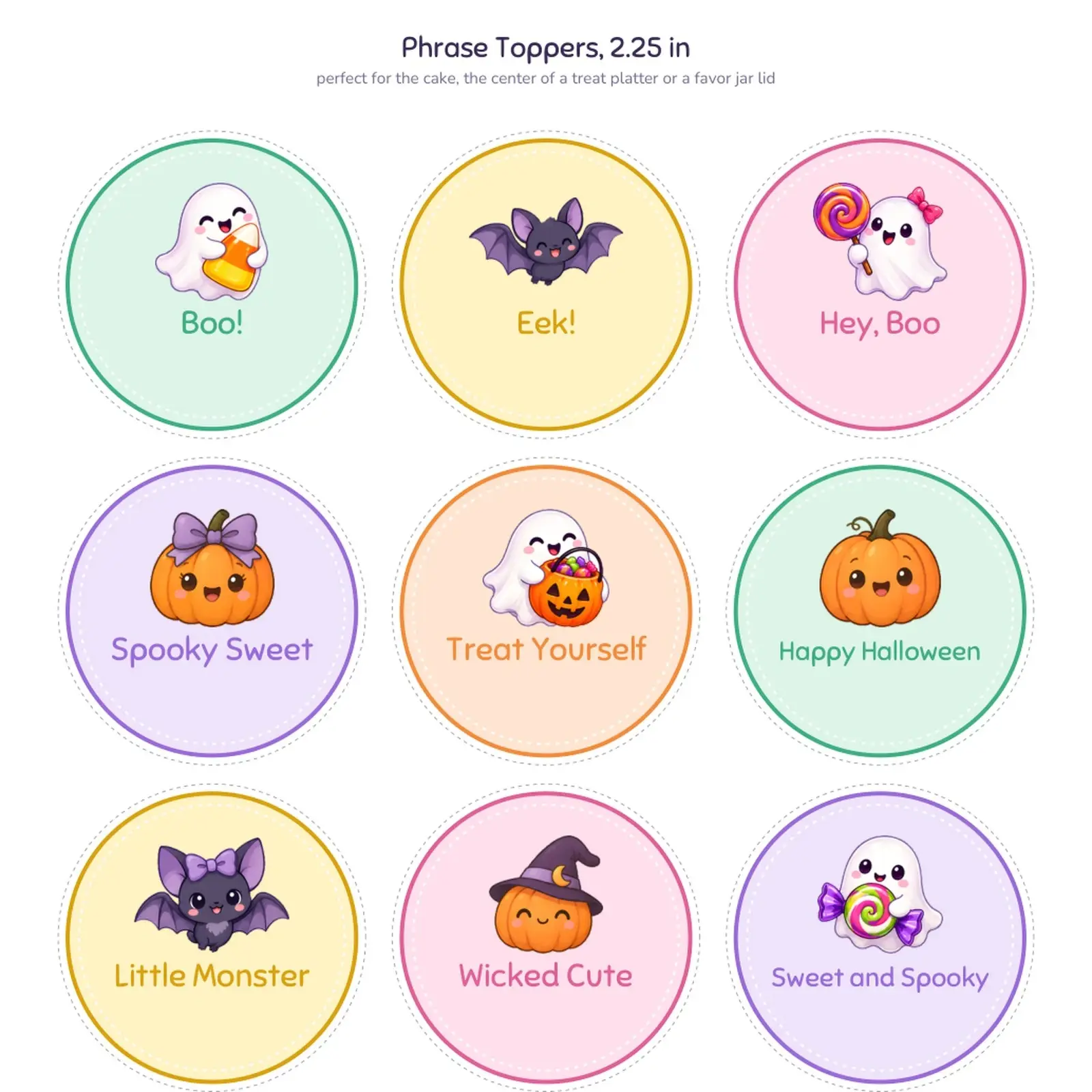 Kawaii Halloween Cupcake Toppers Printable – 92 Ghost, Pumpkin and Bat Circles plus 18 Food Pick Flags, preview 3 of 4