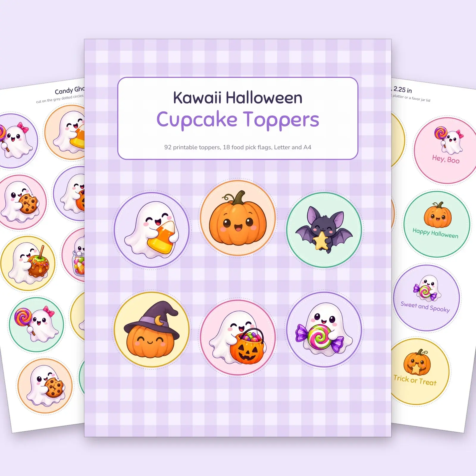 Kawaii Halloween Cupcake Toppers Printable – 92 Ghost, Pumpkin and Bat Circles plus 18 Food Pick Flags, preview 1 of 4