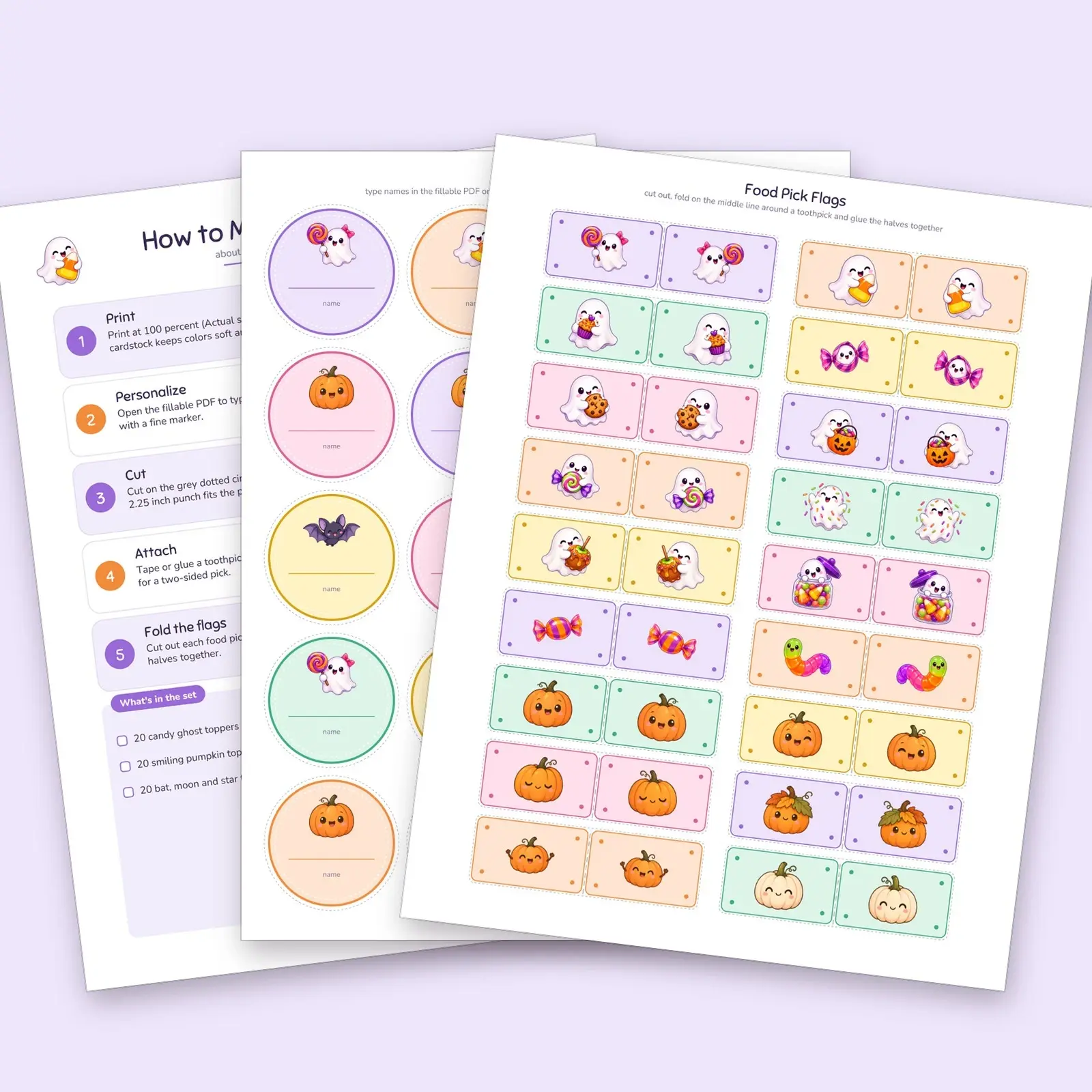 Kawaii Halloween Cupcake Toppers Printable – 92 Ghost, Pumpkin and Bat Circles plus 18 Food Pick Flags, preview 4 of 4