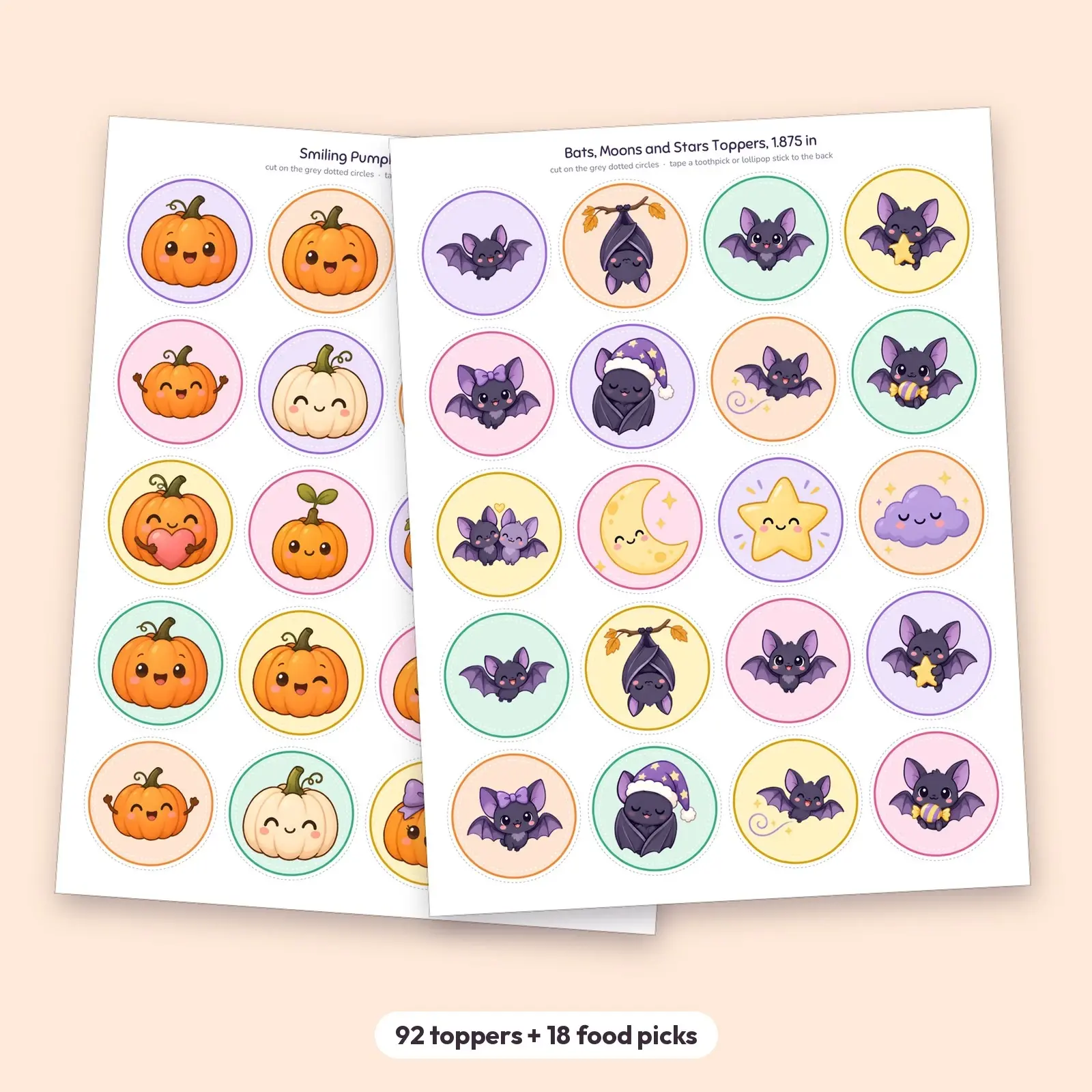 Kawaii Halloween Cupcake Toppers Printable – 92 Ghost, Pumpkin and Bat Circles plus 18 Food Pick Flags, preview 2 of 4