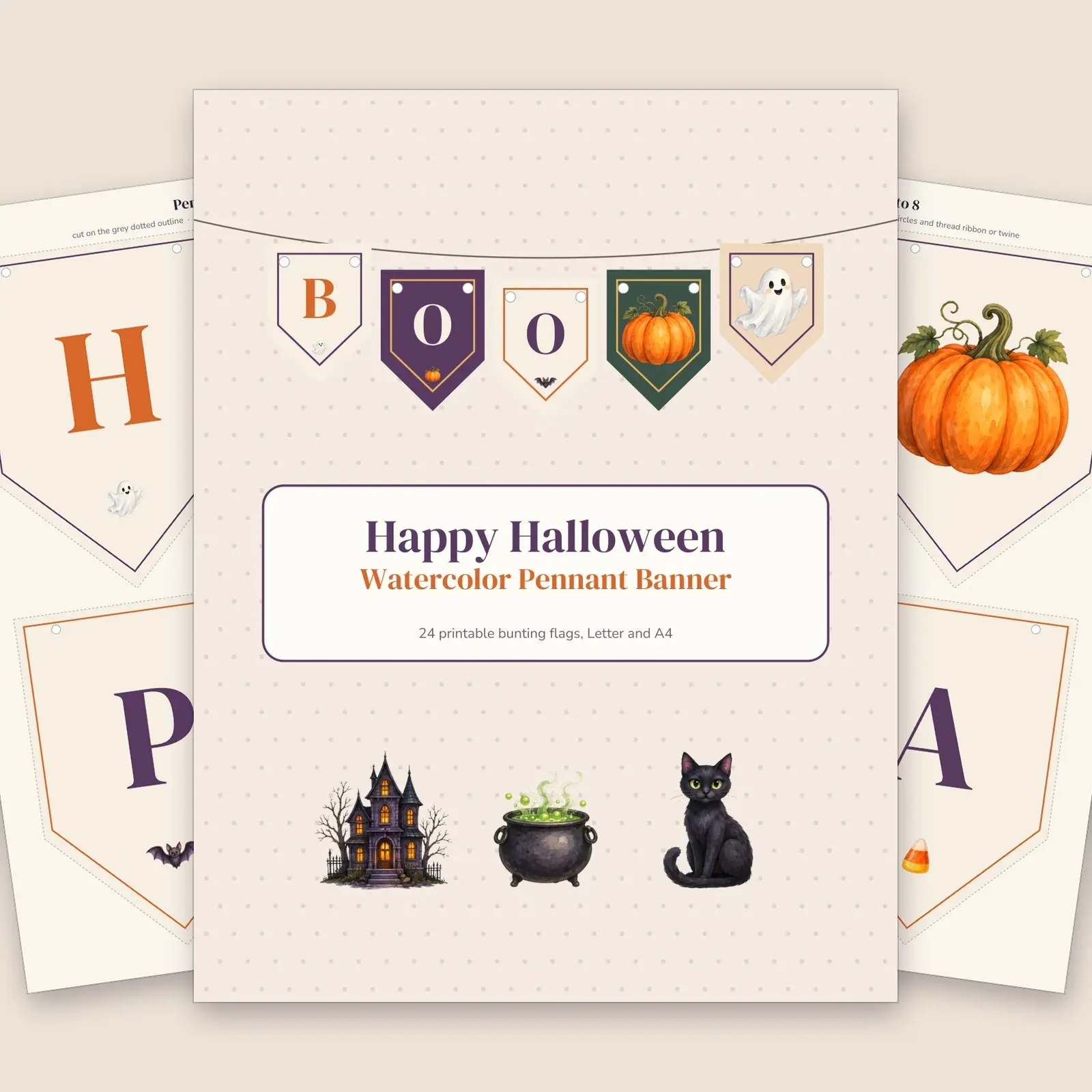 Watercolor Happy Halloween Pennant Banner Printable – 24 Bunting Flags with Painted Pumpkin, Ghost and Bat preview