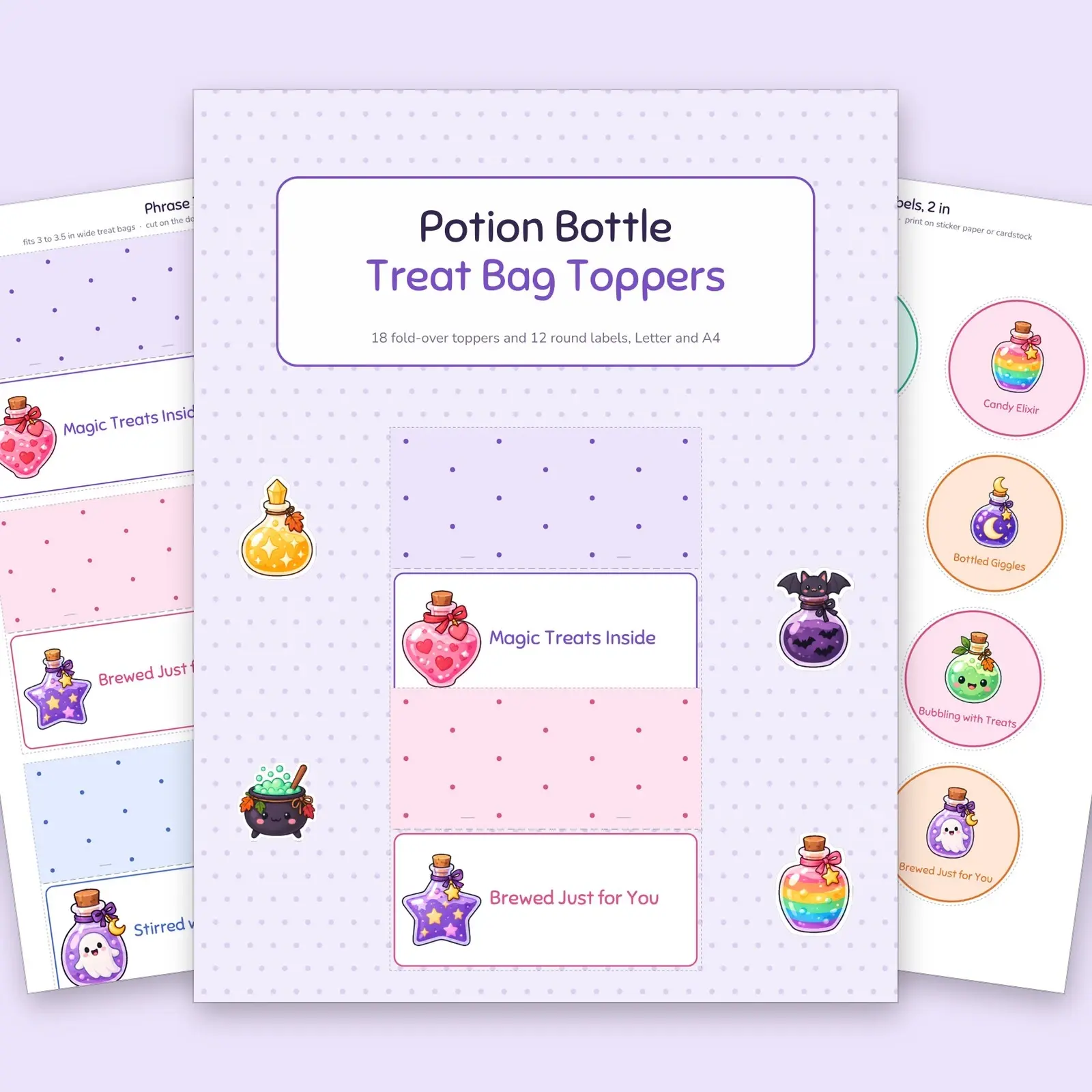 Potion Bottle Treat Bag Toppers Printable – 18 Fold-Over Halloween Favor Toppers and 12 Round Labels preview