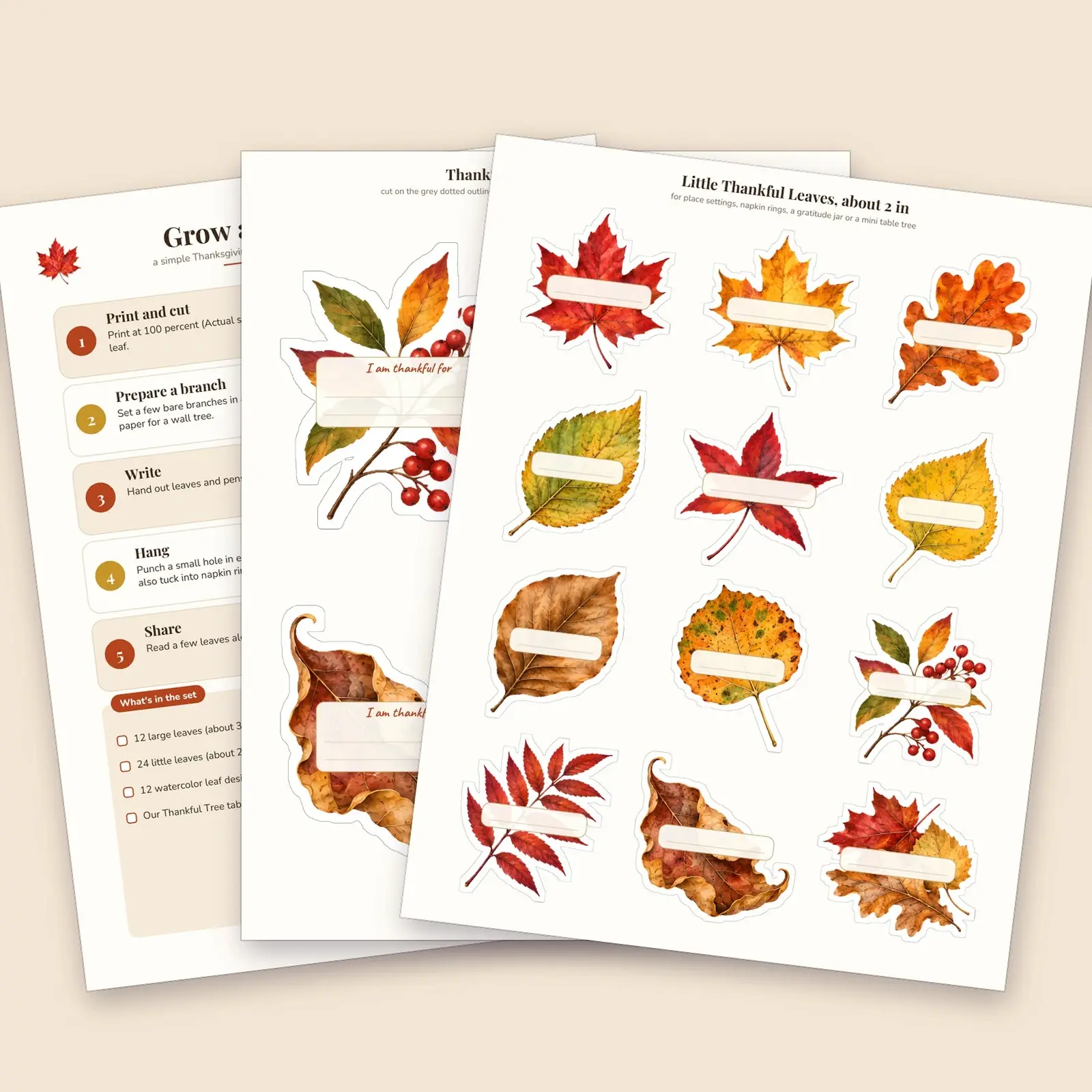 Watercolor Thankful Tree Leaves Printable – 36 Gratitude Leaf Cutouts and Table Sign for Thanksgiving, preview 4 of 4