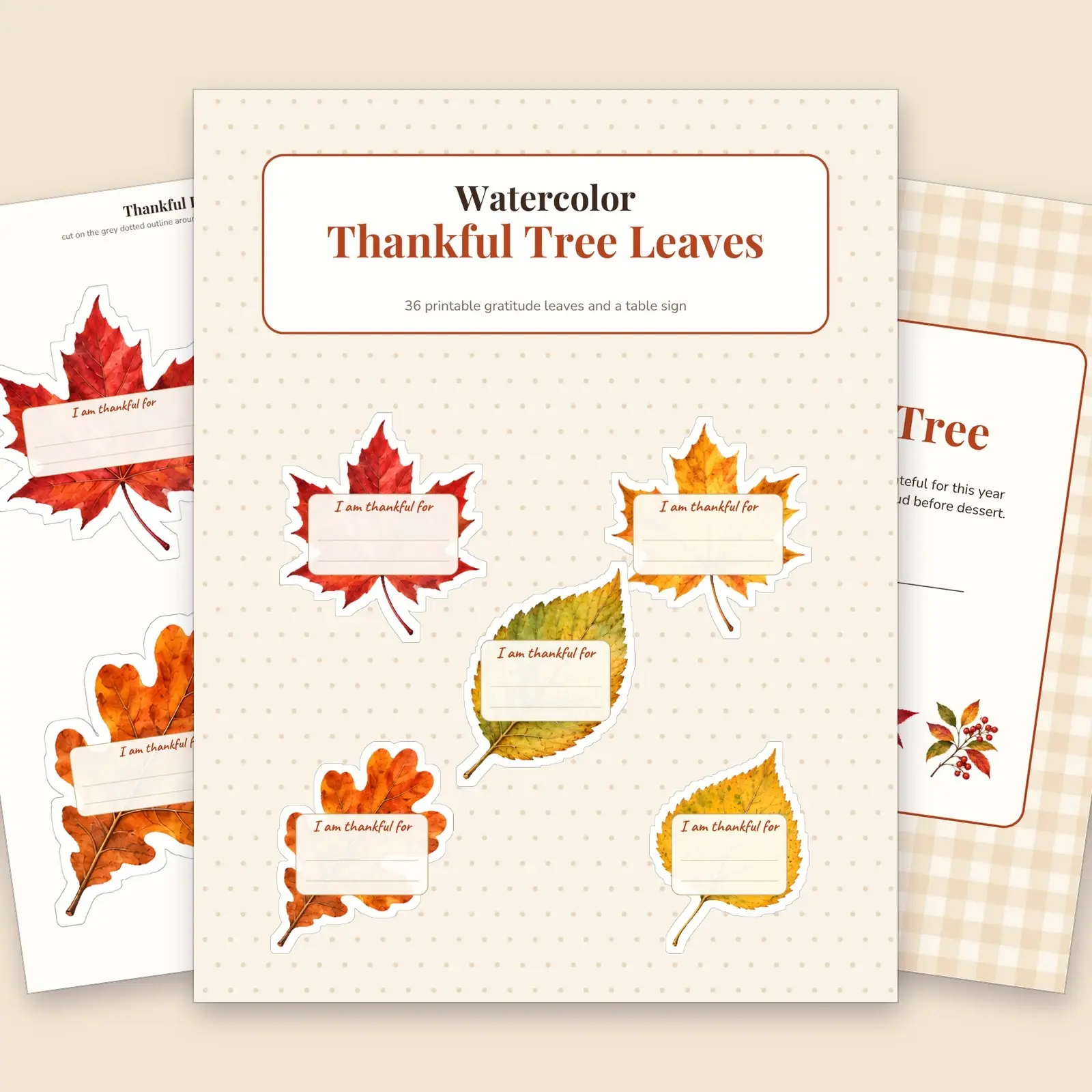 Watercolor Thankful Tree Leaves Printable – 36 Gratitude Leaf Cutouts and Table Sign for Thanksgiving, preview 1 of 4