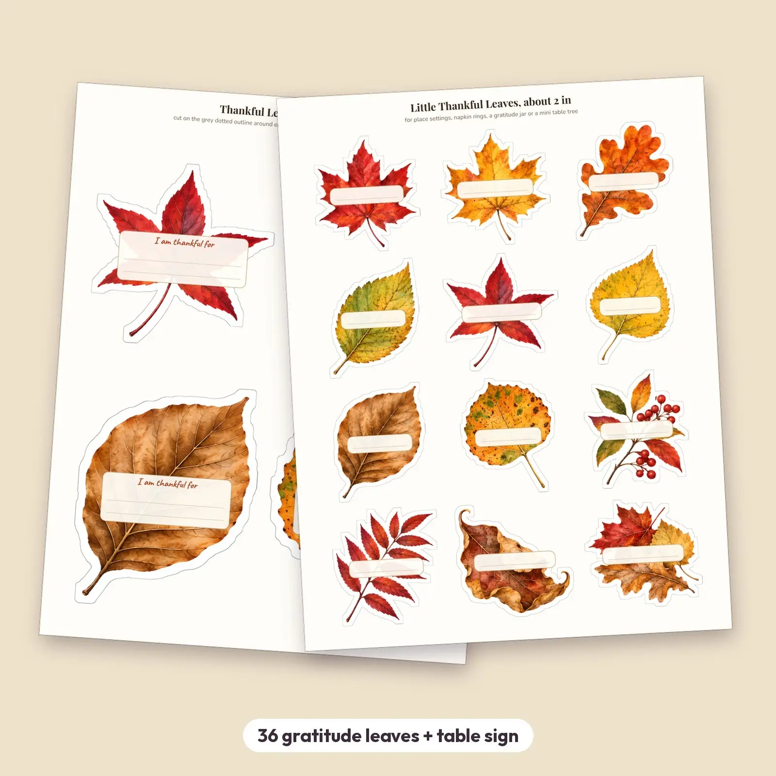 Watercolor Thankful Tree Leaves Printable – 36 Gratitude Leaf Cutouts and Table Sign for Thanksgiving, preview 2 of 4
