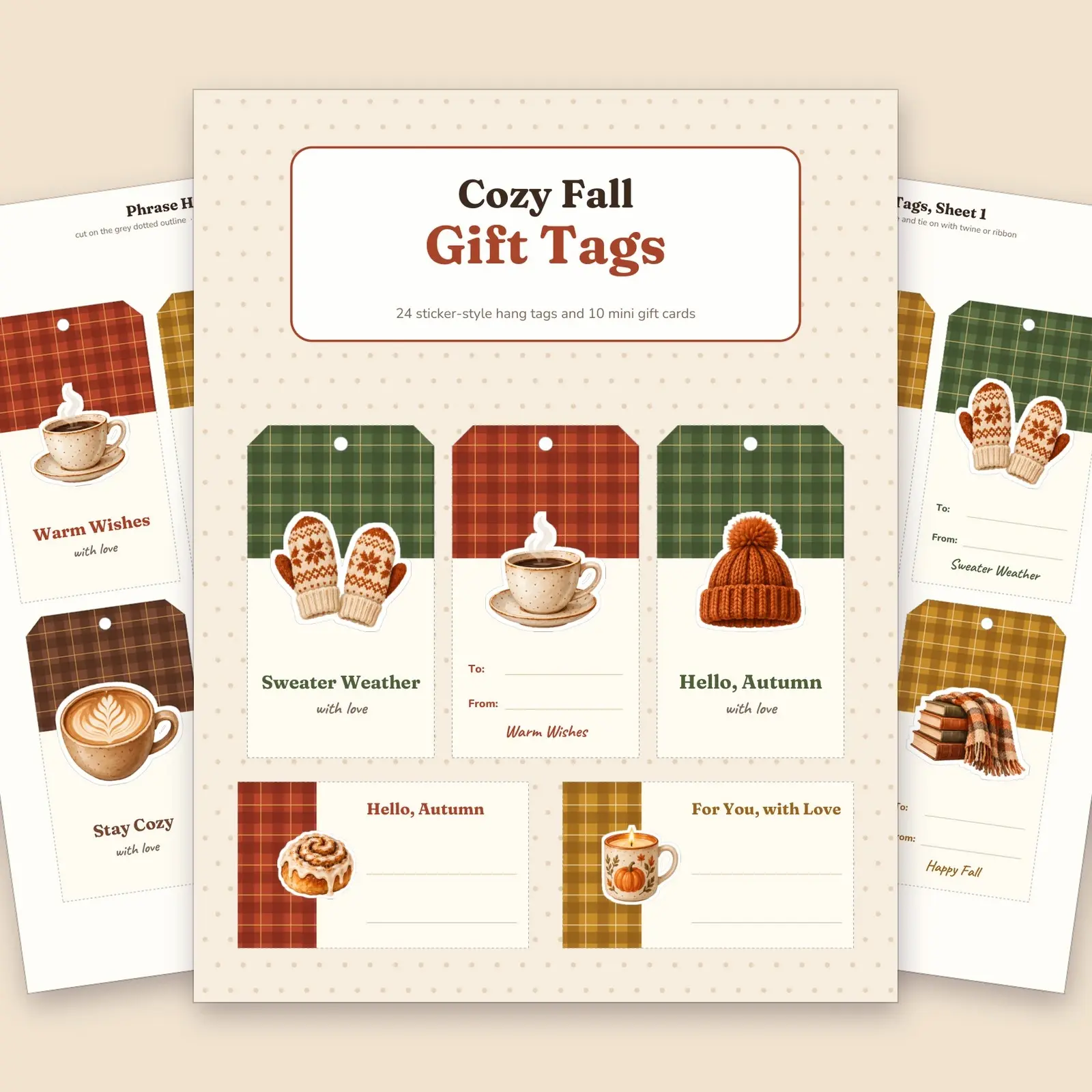 Cozy Fall Gift Tags Printable – 24 Sticker-Style Plaid Hang Tags and 10 Mini Cards, Fillable To and From, preview 1 of 4