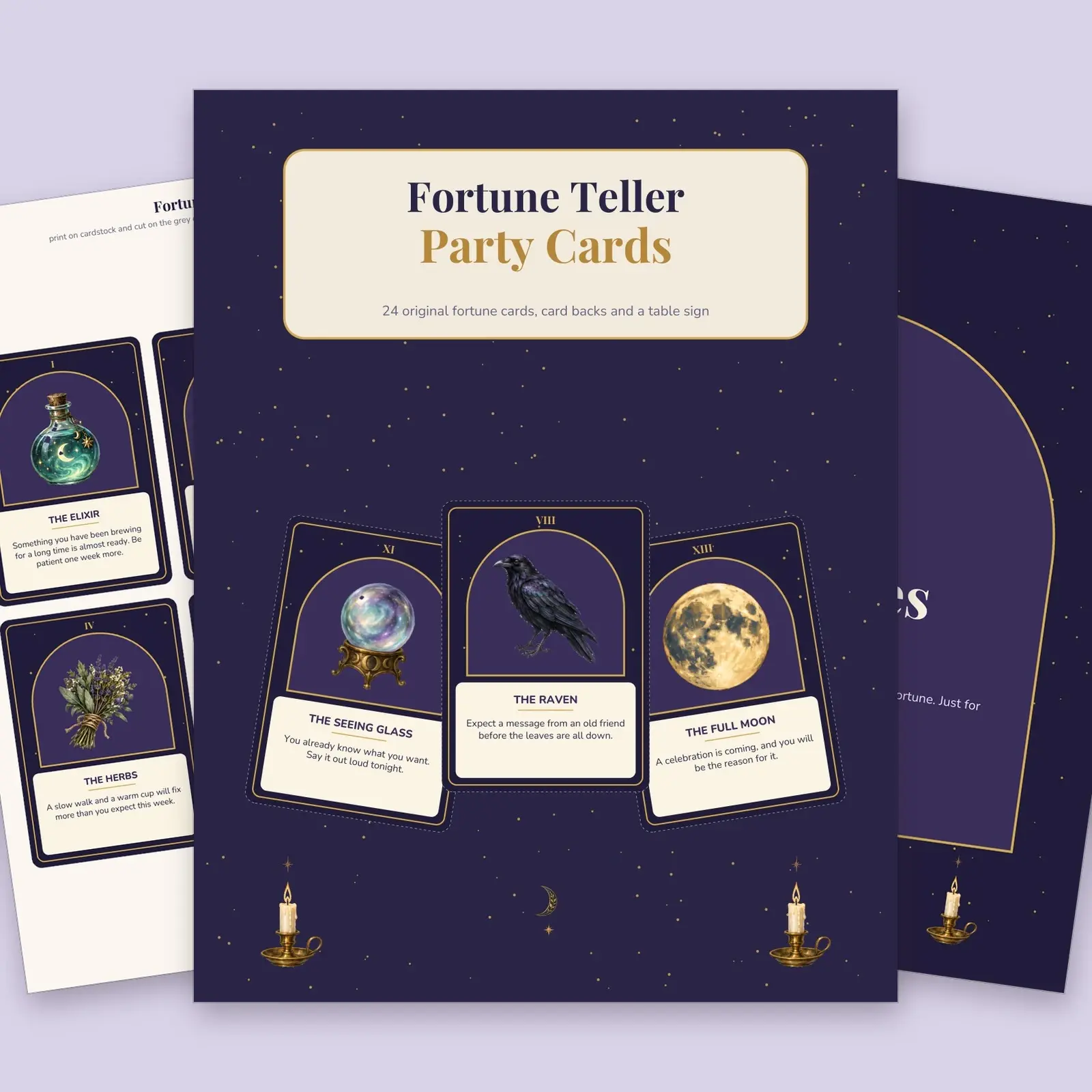 Fortune Teller Party Cards Printable – 24 Original Witchy Fortune Cards, Card Backs and Table Sign preview