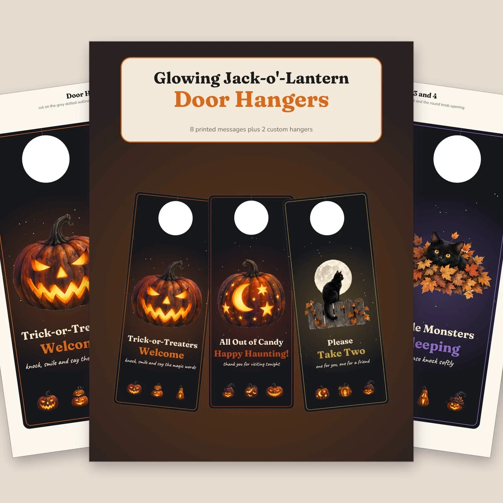 Glowing Jack-o'-Lantern Door Hangers Printable – 10 Trick-or-Treat Porch Signs with Black Cats preview