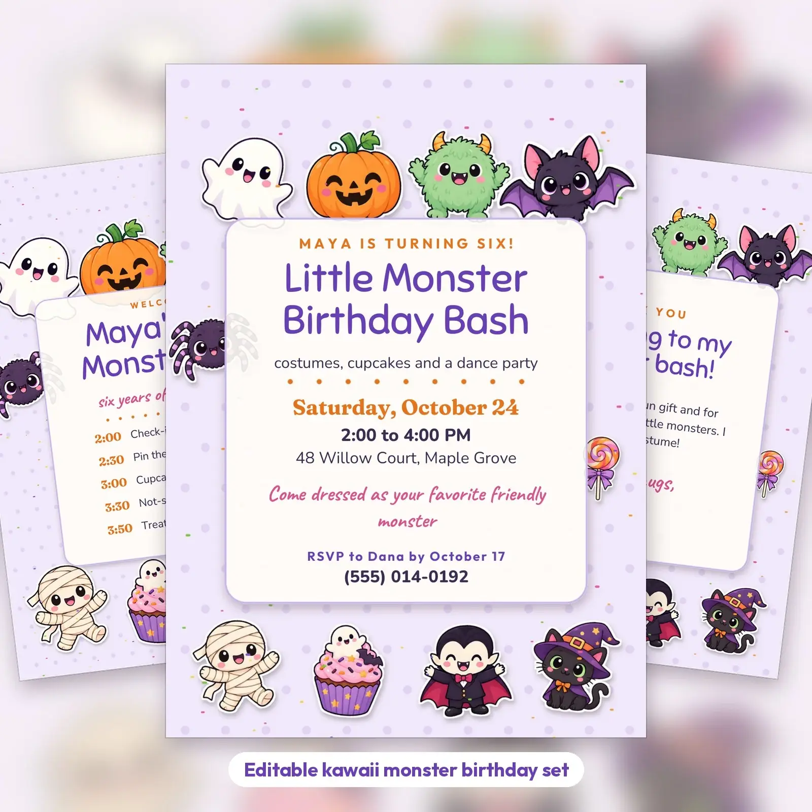 Little Monster Halloween Birthday Invitation, Welcome Sign and Thank-You Card – Kawaii Editable Templates preview