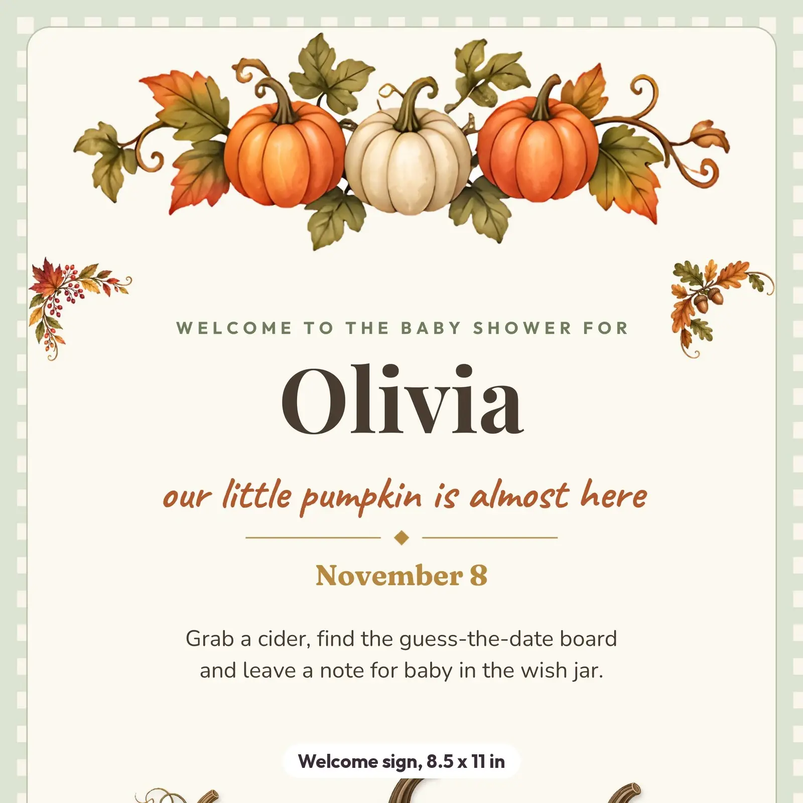 Little Pumpkin Baby Shower Invitation, Welcome Sign and Diaper Raffle Card – Boho Fall Editable Templates, preview 3 of 4