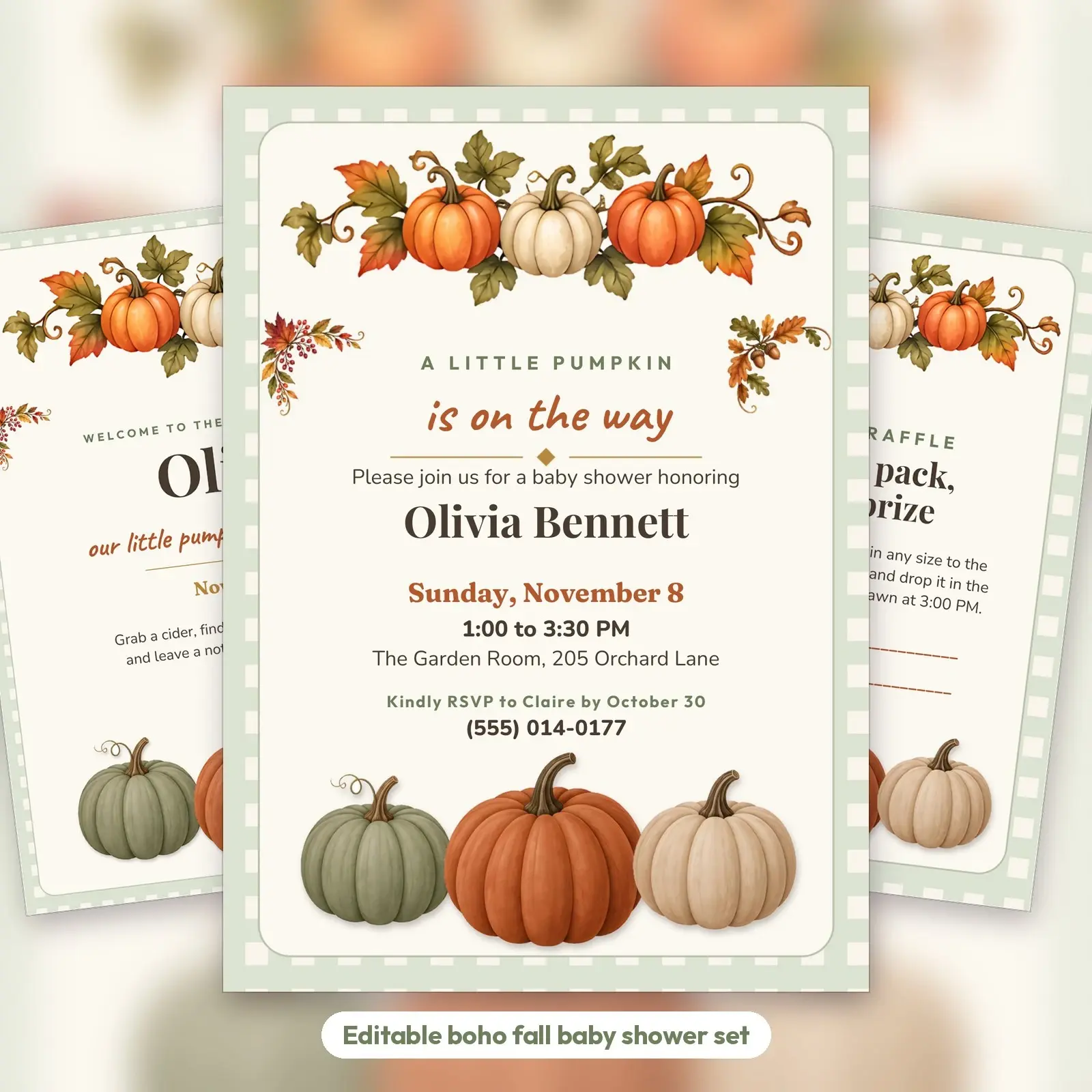 Little Pumpkin Baby Shower Invitation, Welcome Sign and Diaper Raffle Card – Boho Fall Editable Templates preview