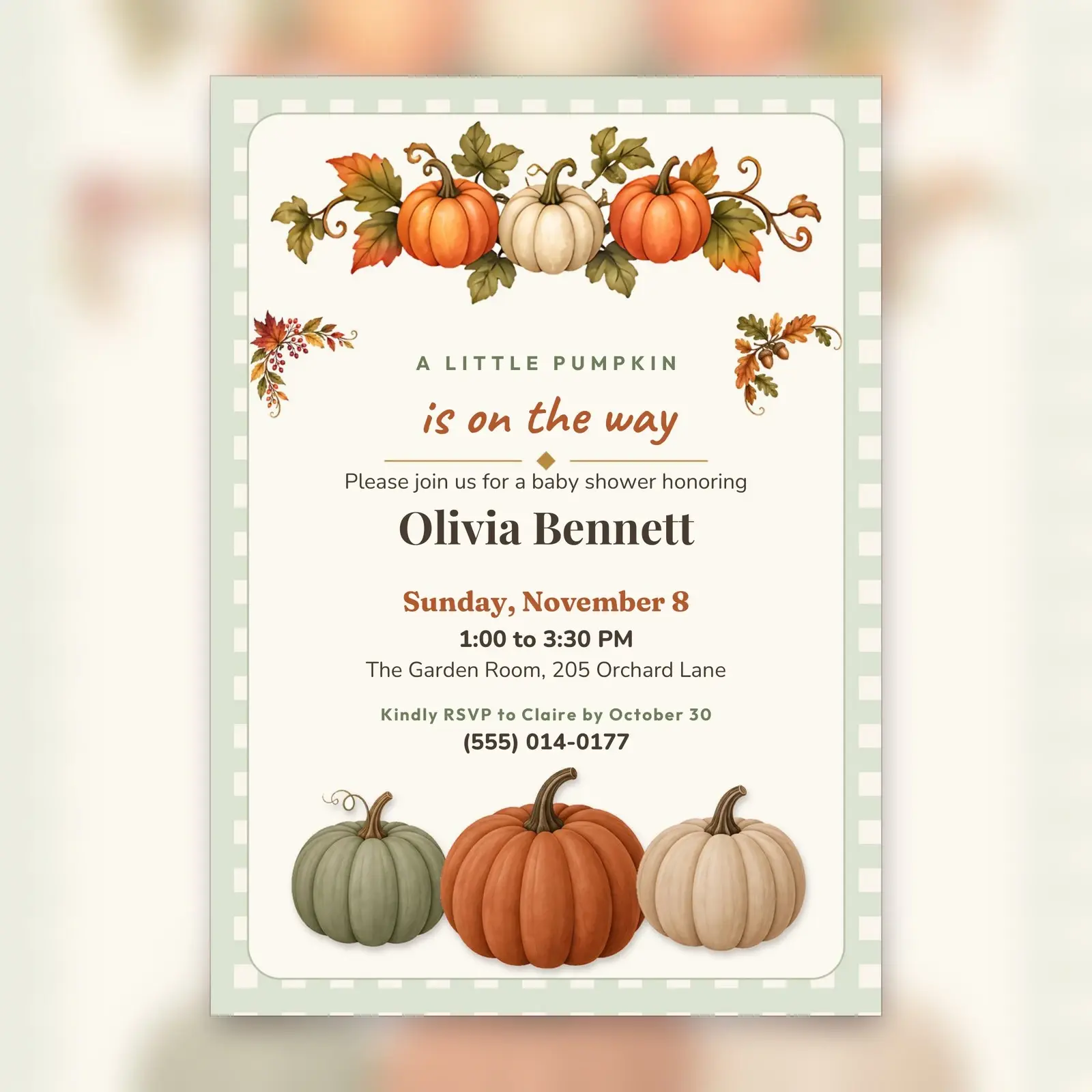 Little Pumpkin Baby Shower Invitation, Welcome Sign and Diaper Raffle Card – Boho Fall Editable Templates, preview 2 of 4