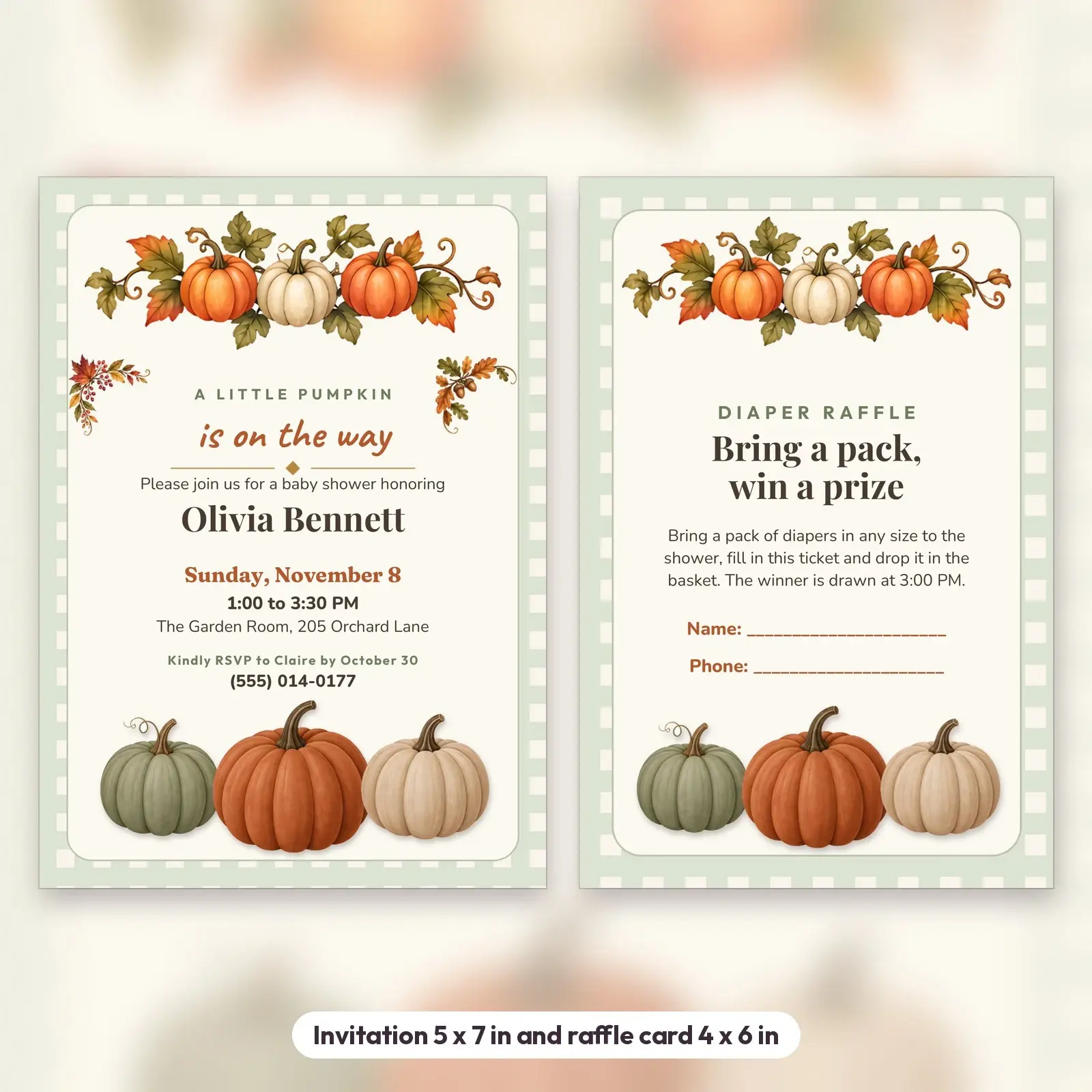 Little Pumpkin Baby Shower Invitation, Welcome Sign and Diaper Raffle Card – Boho Fall Editable Templates, preview 4 of 4