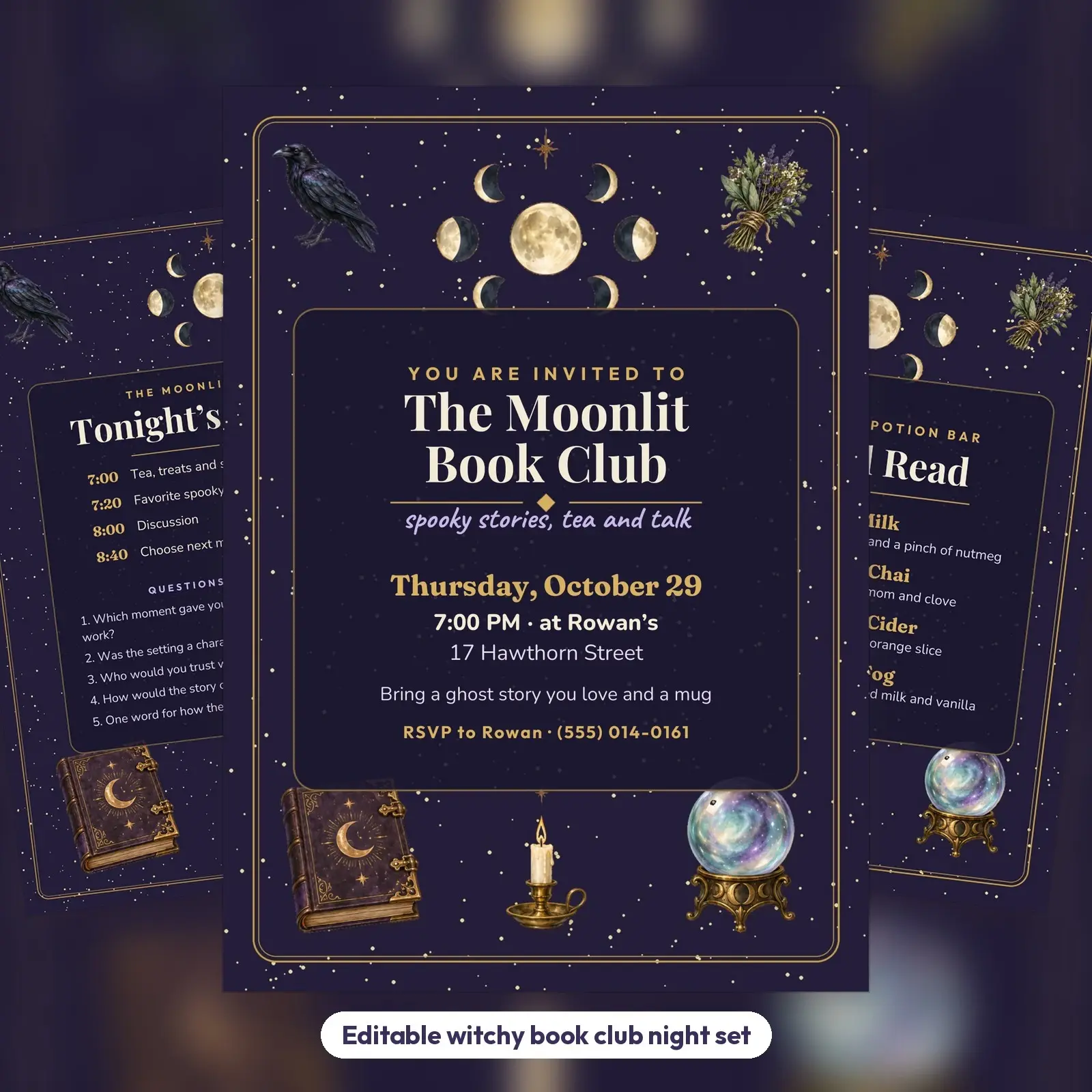 Moonlit Book Club Night Invitation, Agenda and Tea Bar Menu – Witchy Editable Templates for October preview