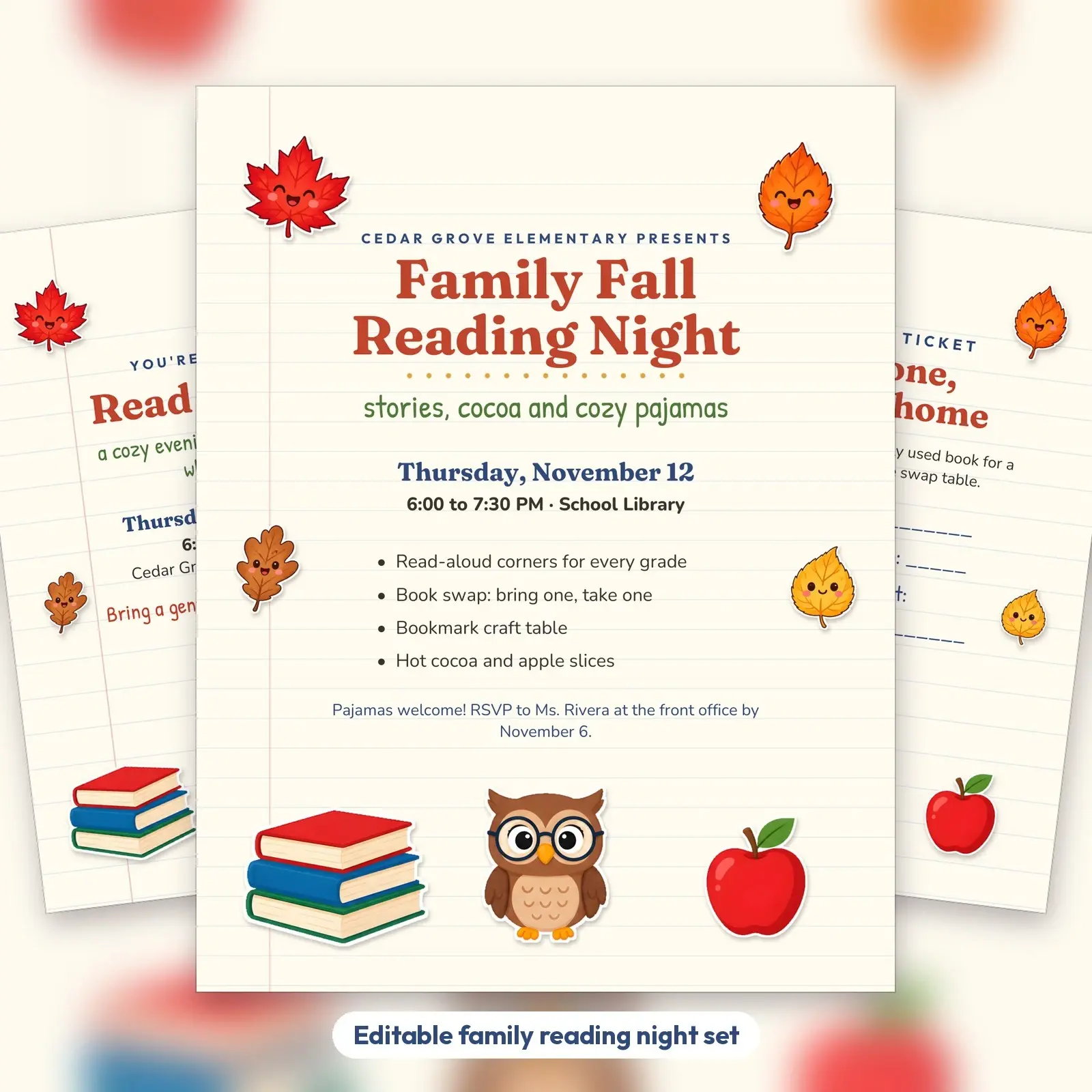 Family Fall Reading Night Flyer, Invitation and Book Swap Ticket – Editable School Event Templates preview