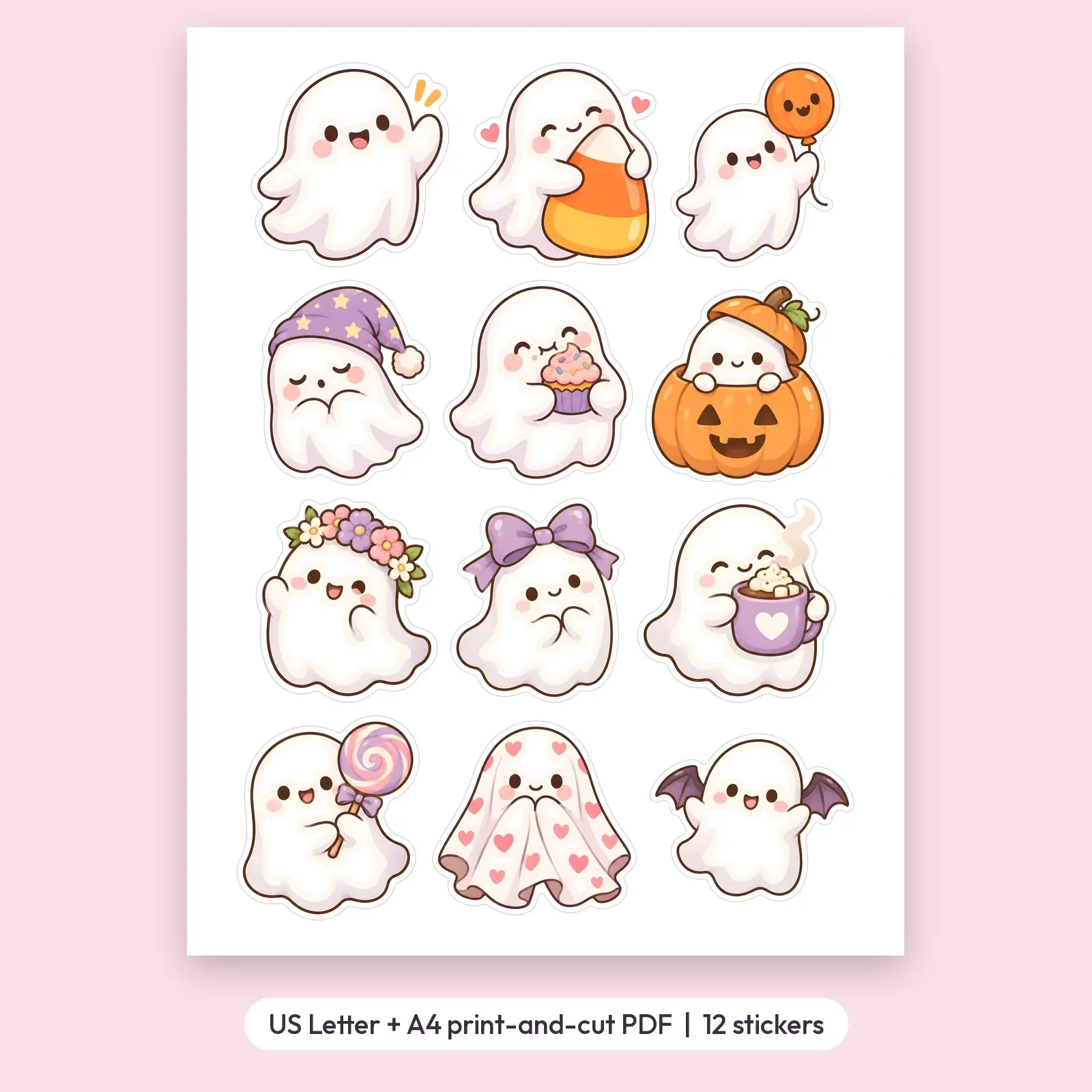 Smiling Ghost Friends Sticker Pack – 12 Kawaii Printable Ghost Stickers, preview 2 of 3
