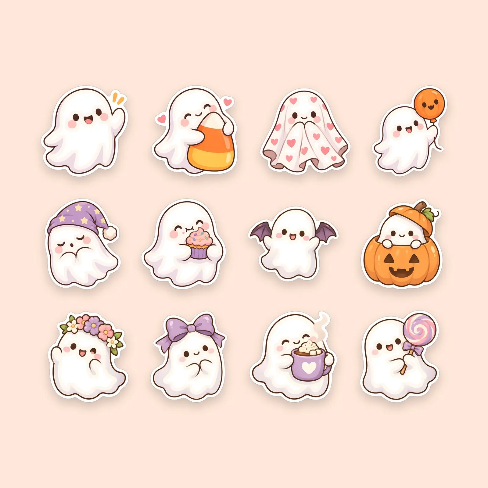 Smiling Ghost Friends Sticker Pack – 12 Kawaii Printable Ghost Stickers, preview 1 of 3