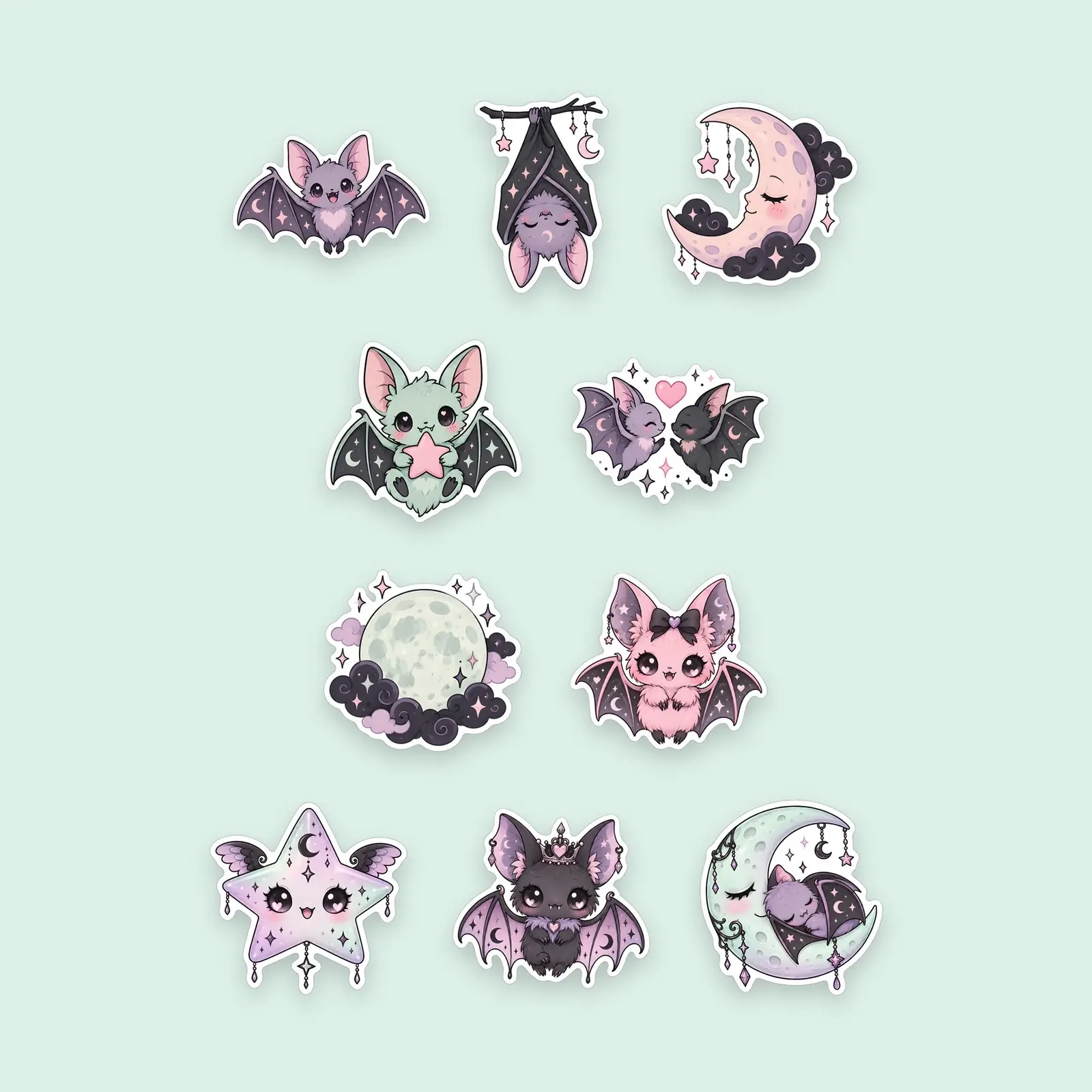 Pastel Goth Bats and Moons Sticker Set – 10 Cute-Creepy Printable PNG Stickers preview