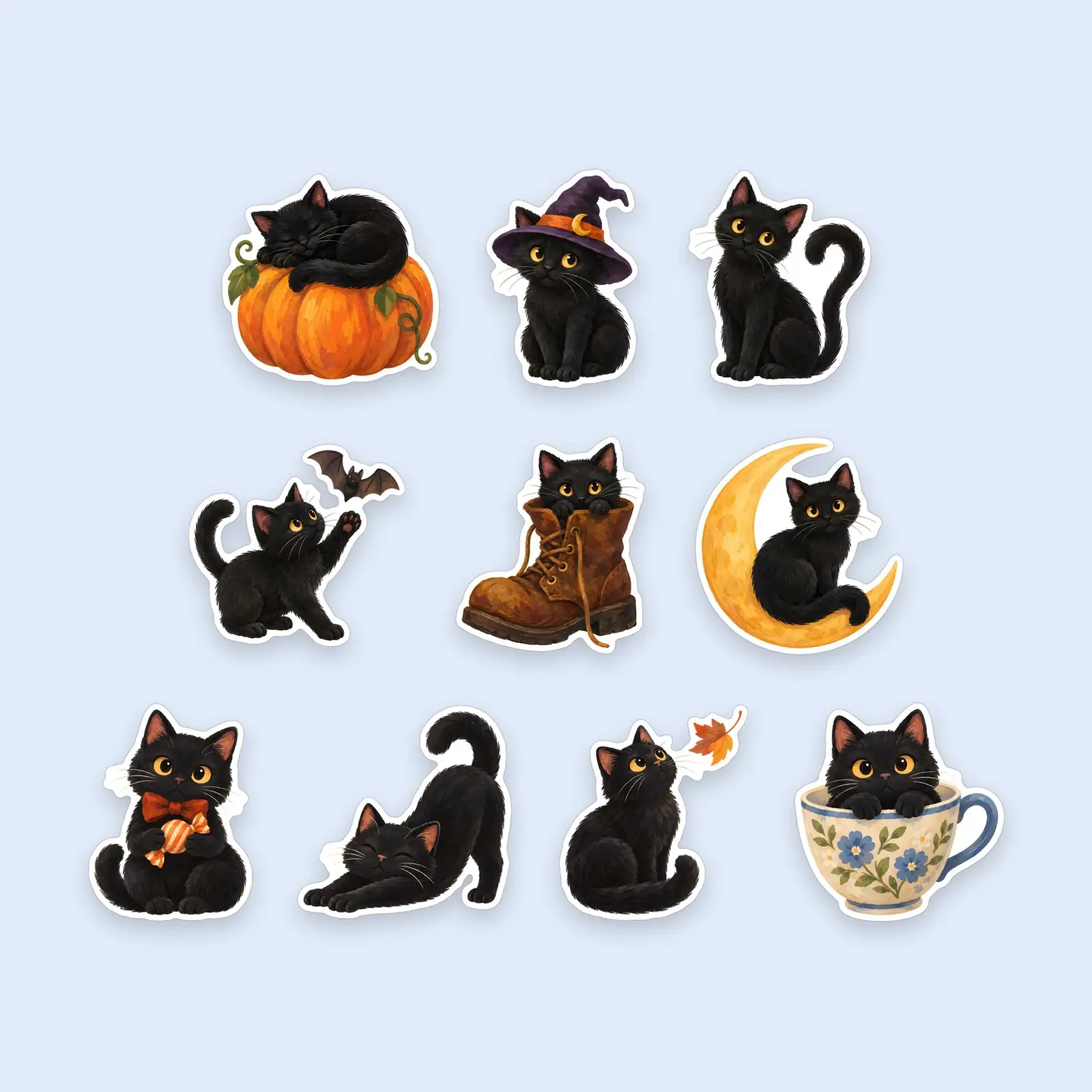 Cozy Black Cat Sticker Pack – 10 Painted Halloween Cat Stickers preview