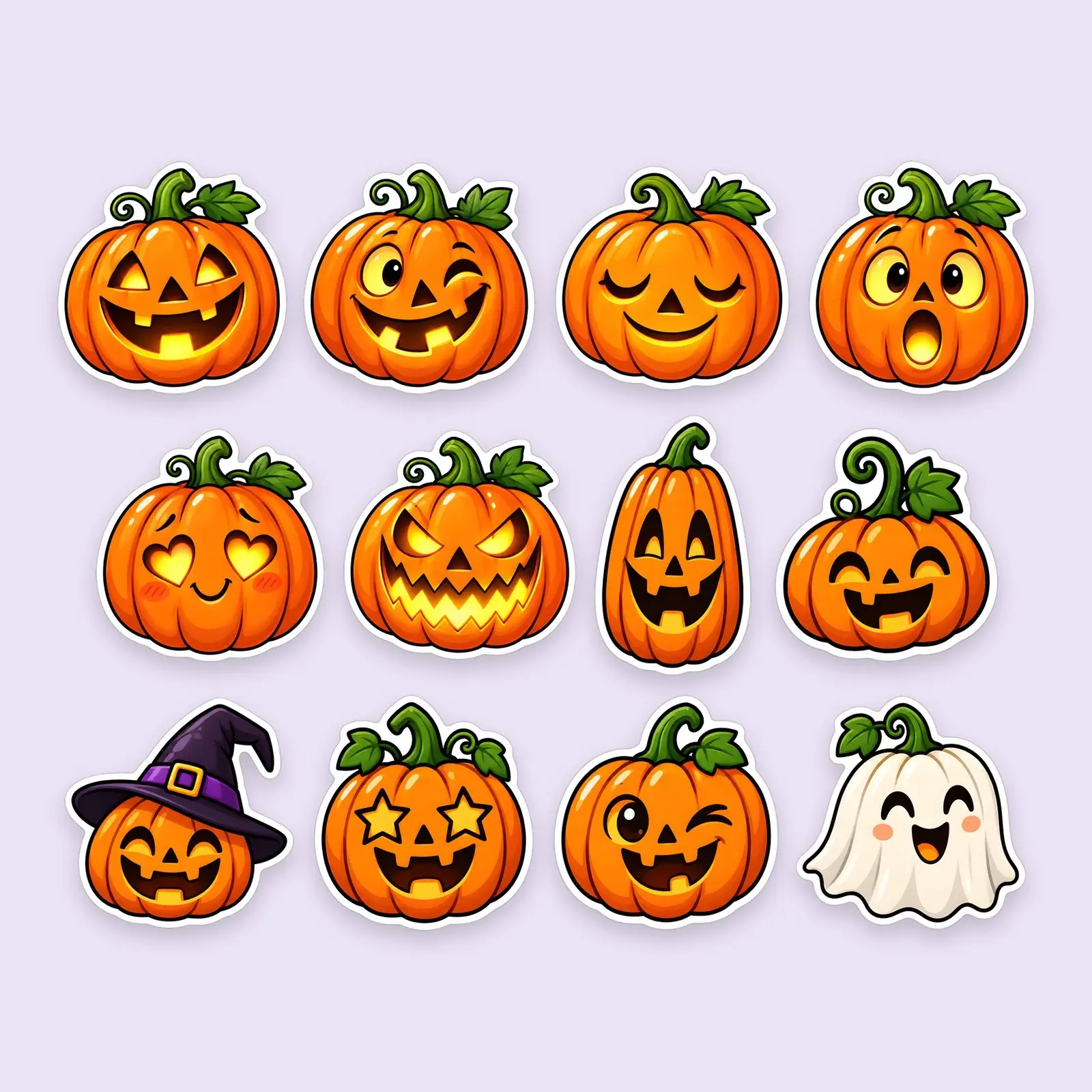 Jack-o'-Lantern Faces Sticker Set – 12 Carved Pumpkin Expressions in Bold Cartoon Style preview