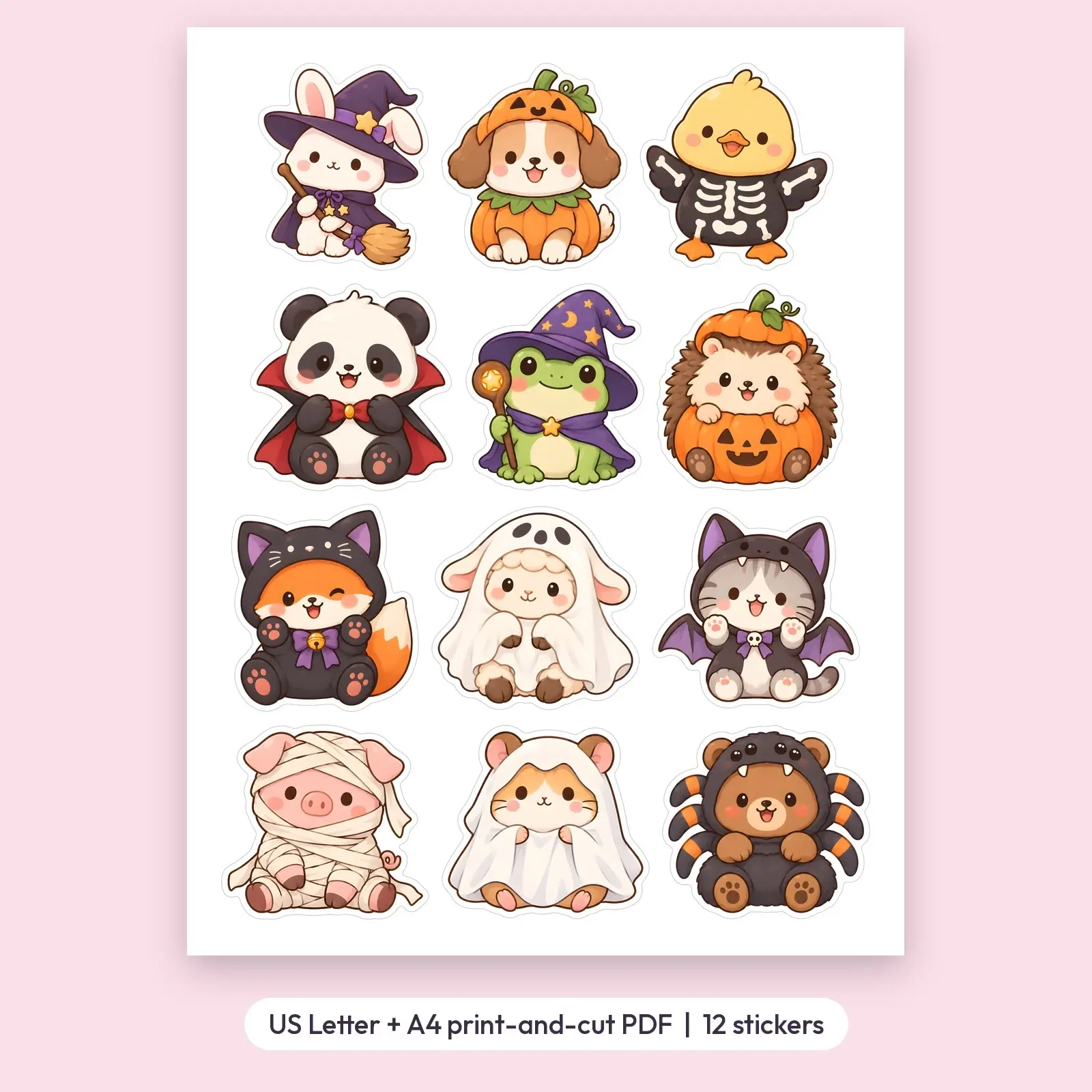 Costume Critters Sticker Pack – 12 Kawaii Animals in Halloween Costumes, preview 2 of 4