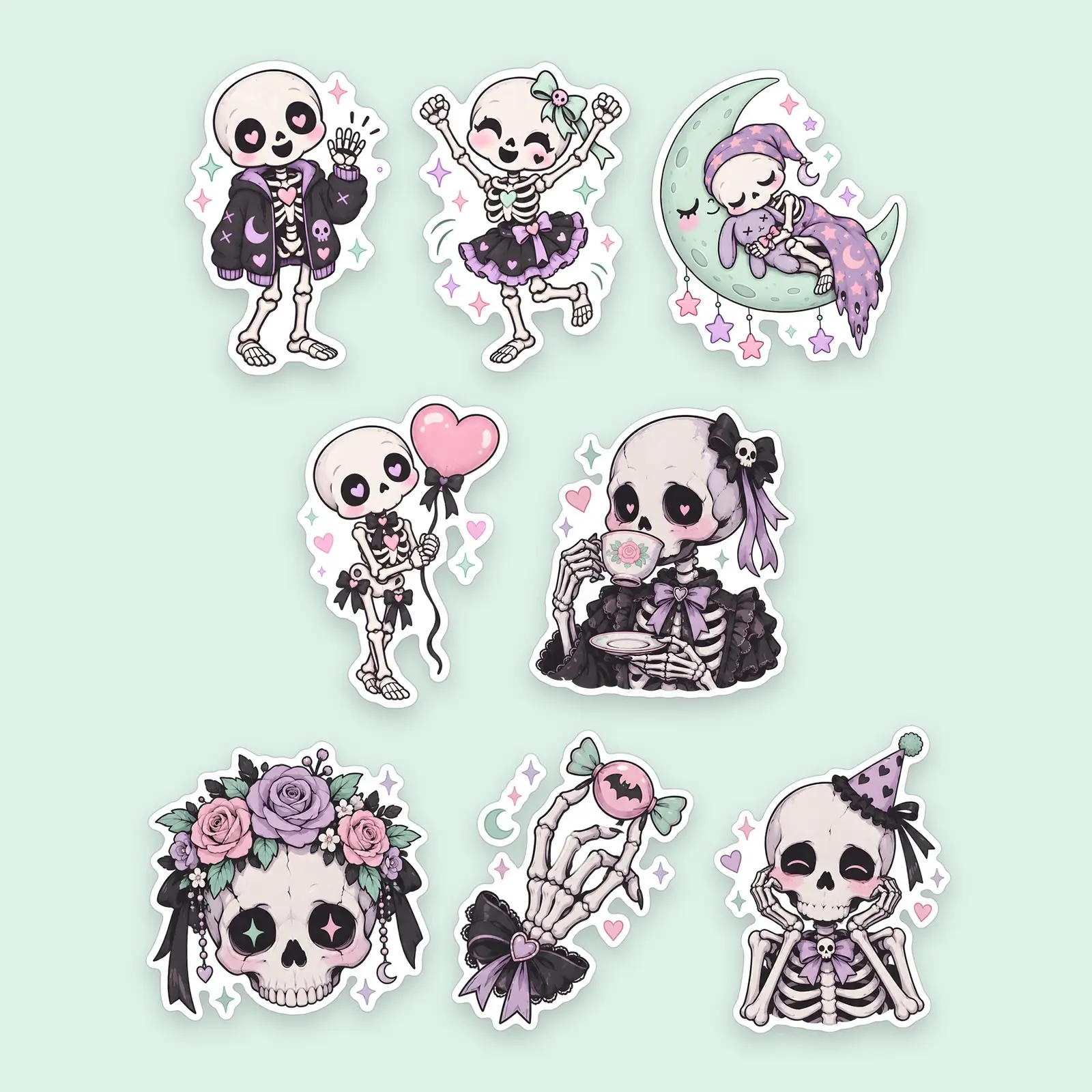 Kawaii Skeleton Buddies Sticker Pack – 8 Pastel Goth Cute Skeleton Stickers preview