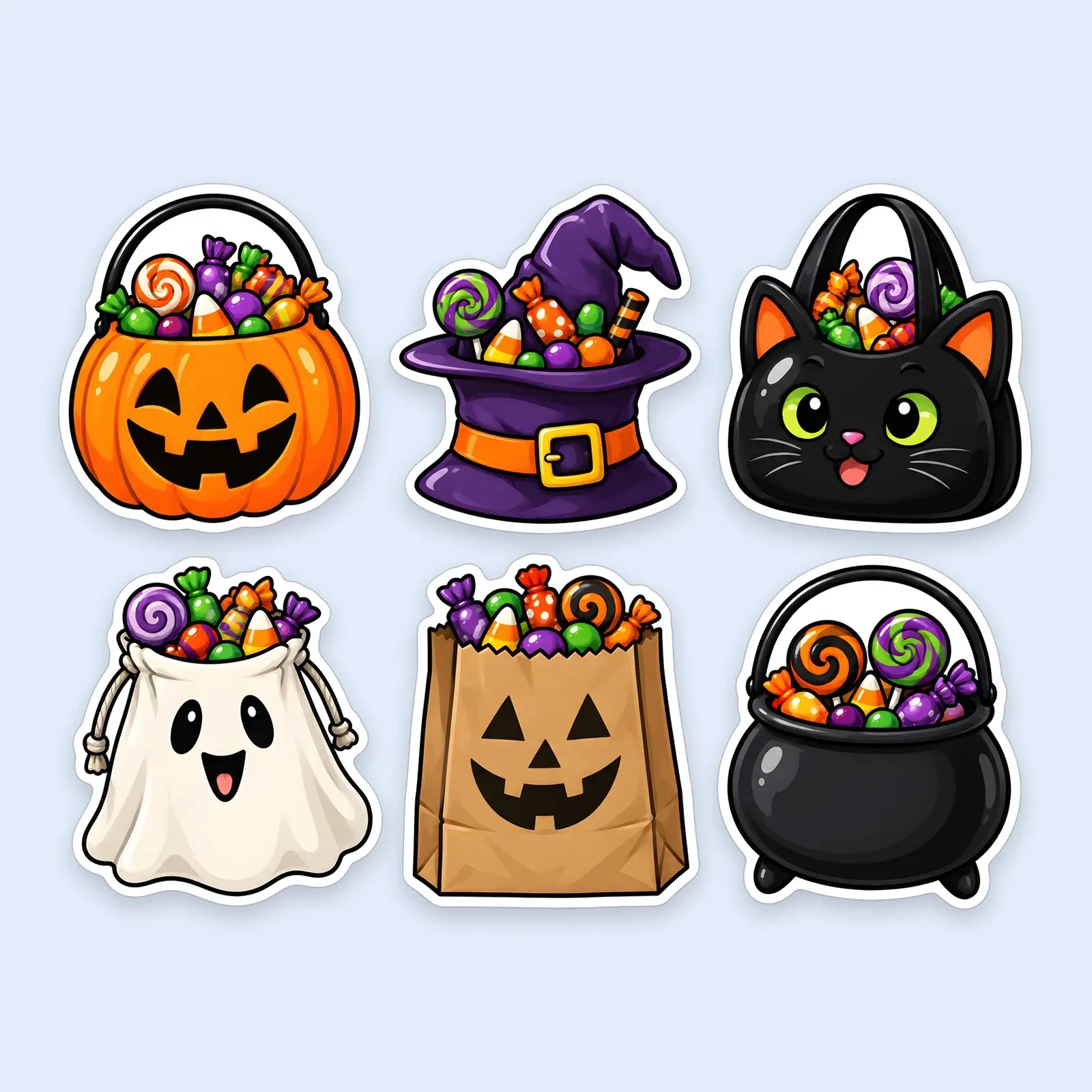Trick or Treat Pumpkin Buckets Sticker Pack – 6 Bold Cartoon Halloween Stickers preview