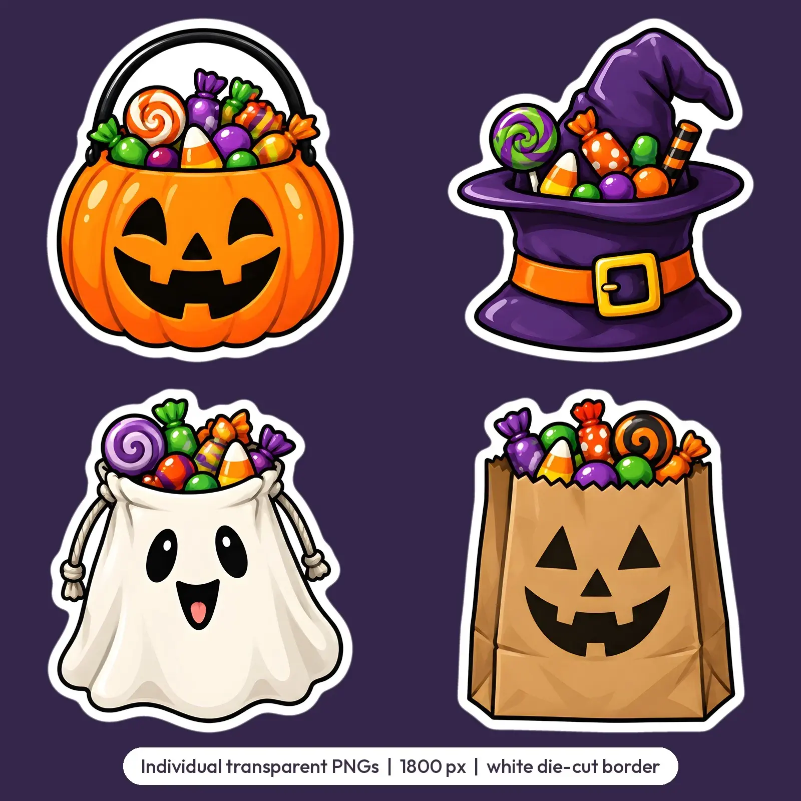 Trick or Treat Pumpkin Buckets Sticker Pack – 6 Bold Cartoon Halloween Stickers, preview 3 of 3
