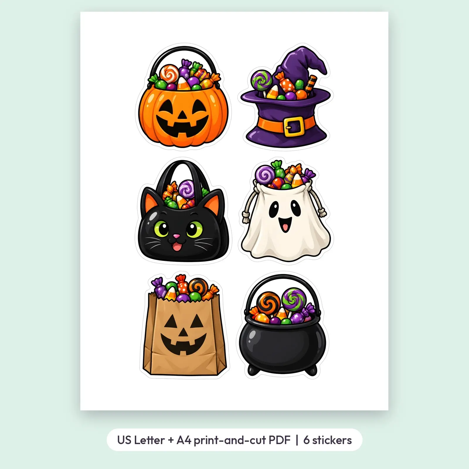 Trick or Treat Pumpkin Buckets Sticker Pack – 6 Bold Cartoon Halloween Stickers, preview 2 of 3